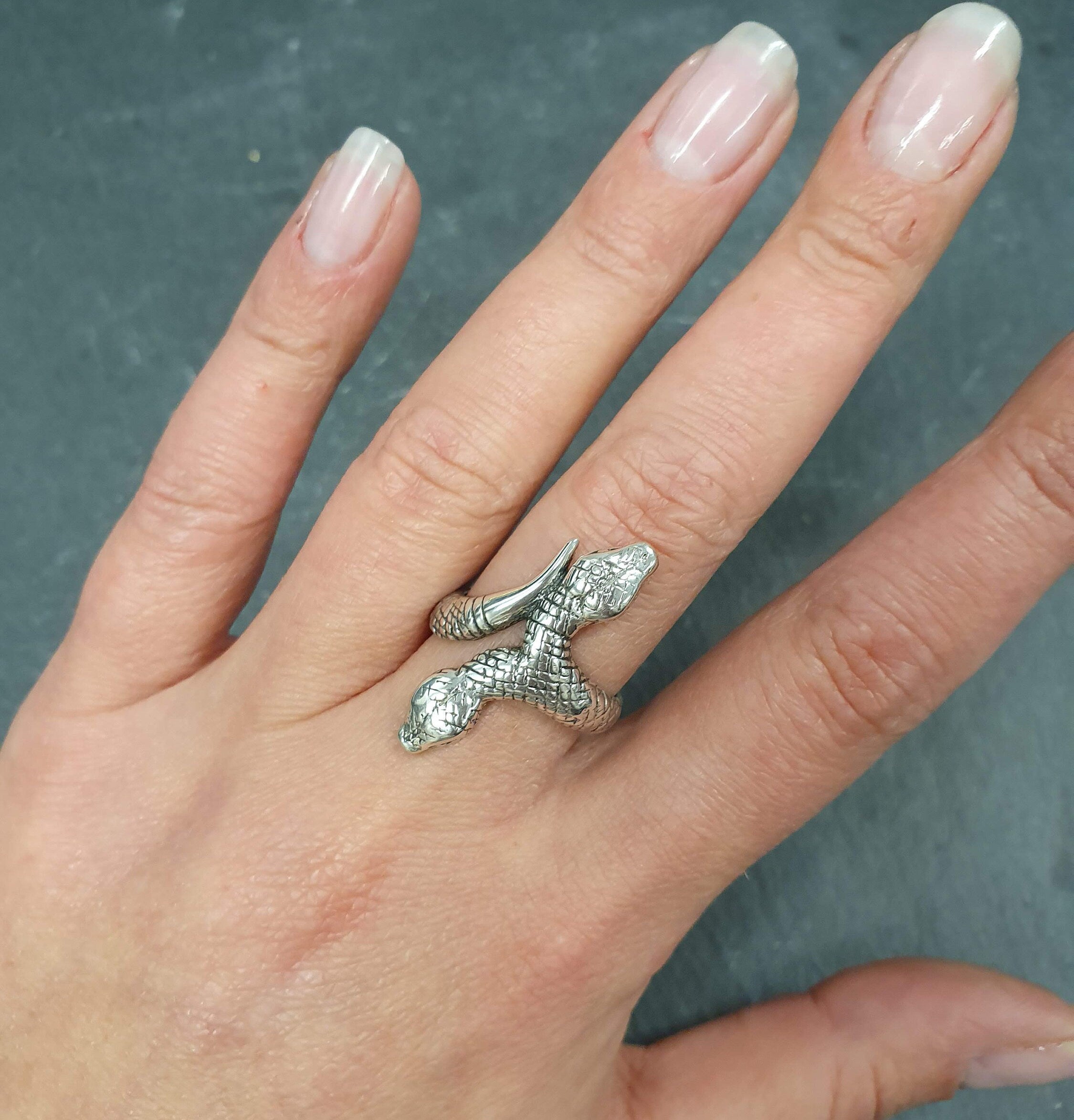 Silver Snake Ring, Long Ring, Serpent Ring, Solid Silver Ring, Two Snakes Ring, Vintage Snake Ring, Snake Head Ring, Python Ring, Statement