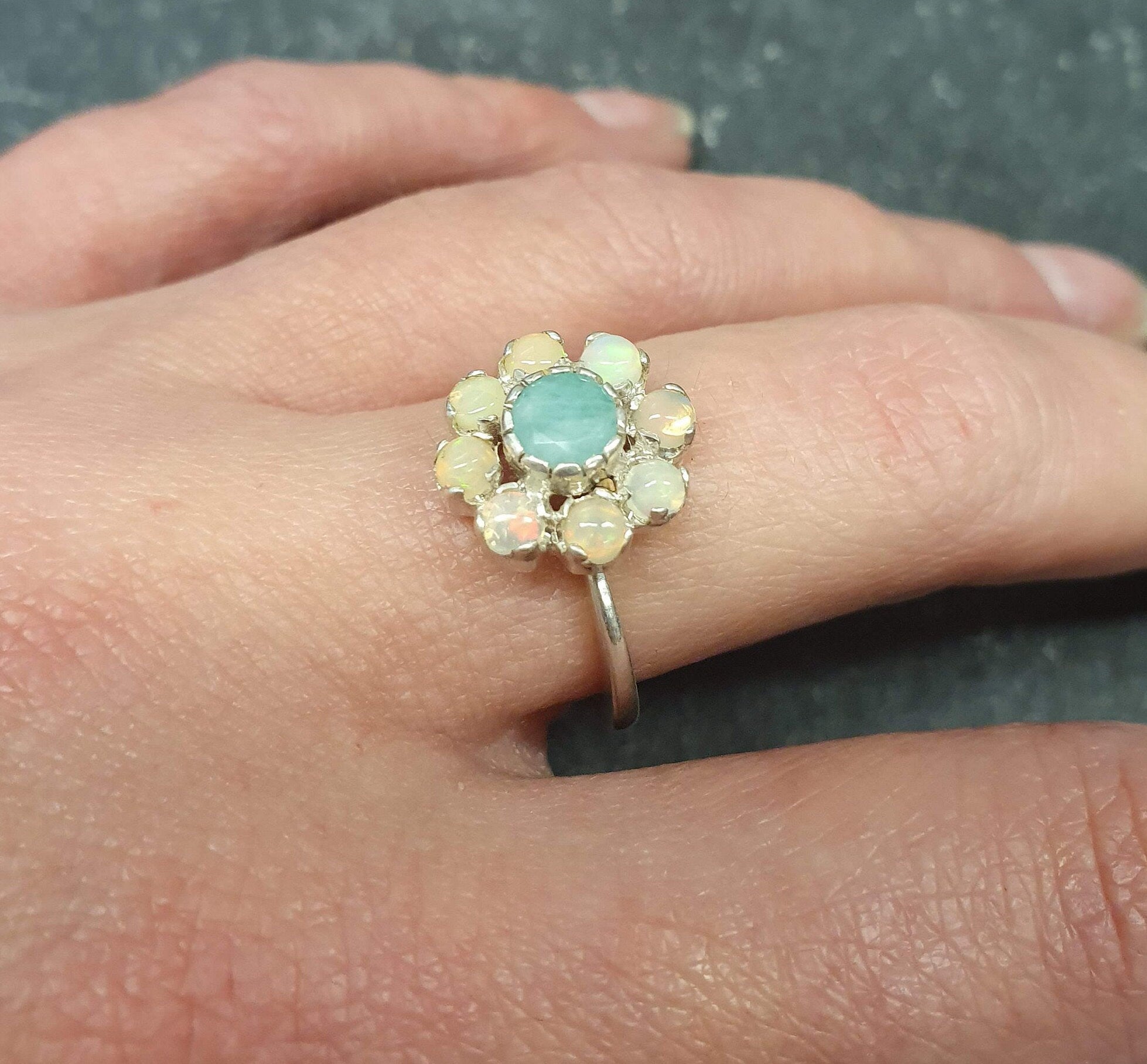 Emerald Ring, Opal Ring, Natural Emerald Ring, Natural Opal Ring, Vintage flower Ring, October Birthstone, May Birthstone, Solid Silver Ring