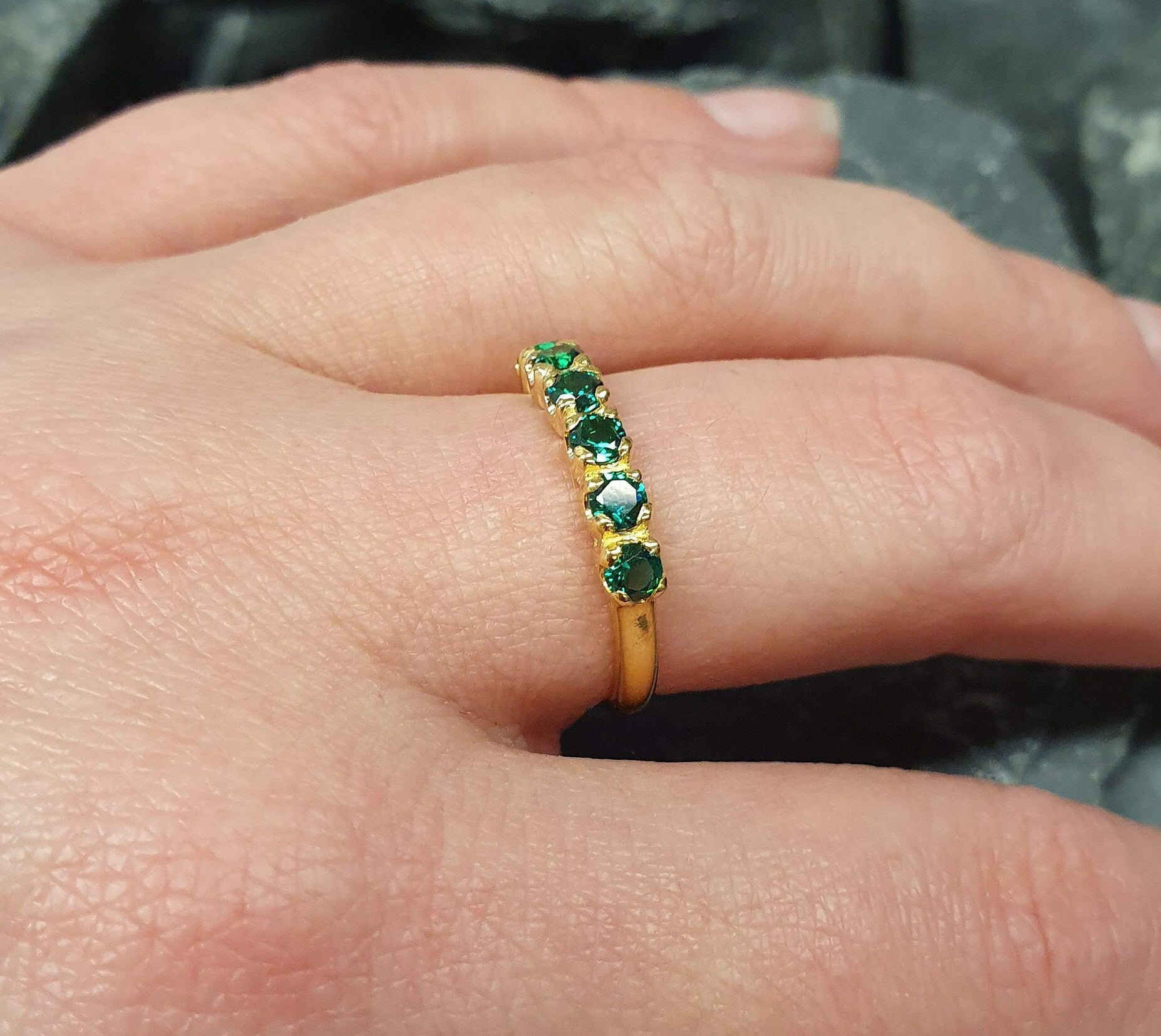 Half Eternity Ring, Gold Emerald Ring, Created Emerald Ring, Gold Eternity Ring, Green Diamond Ring, Gold Vinatge Band, Gold Stackable Band