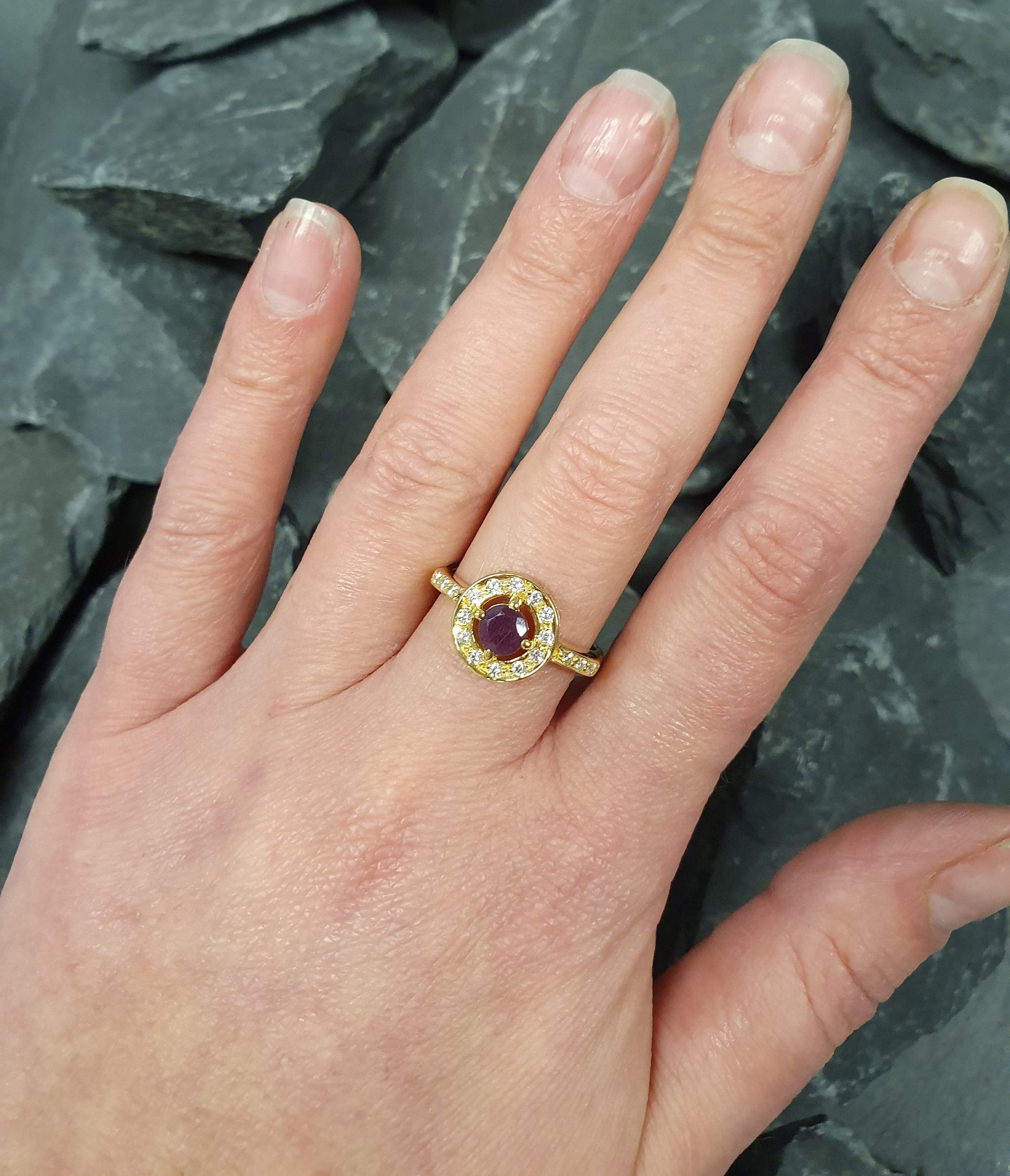 Gold Ruby Ring, Natural Ruby Ring, Dainty Ring, July Birthstone, Gold Plated Ring, Round Ring, Cluster Ring, Red Stone Ring, Vermeil Ring