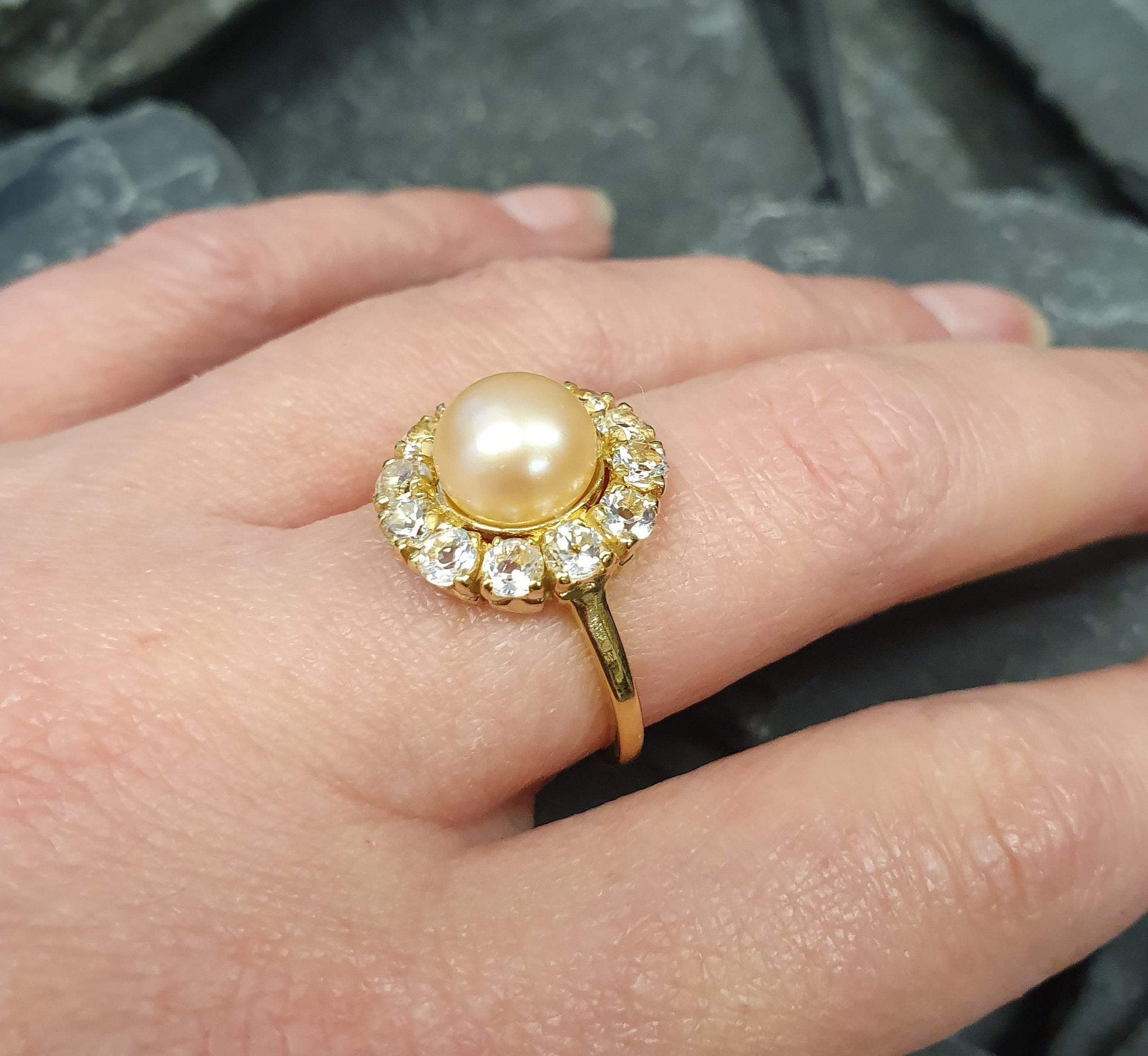 Vintage Beige Pearl Ring with White Topaz Halo