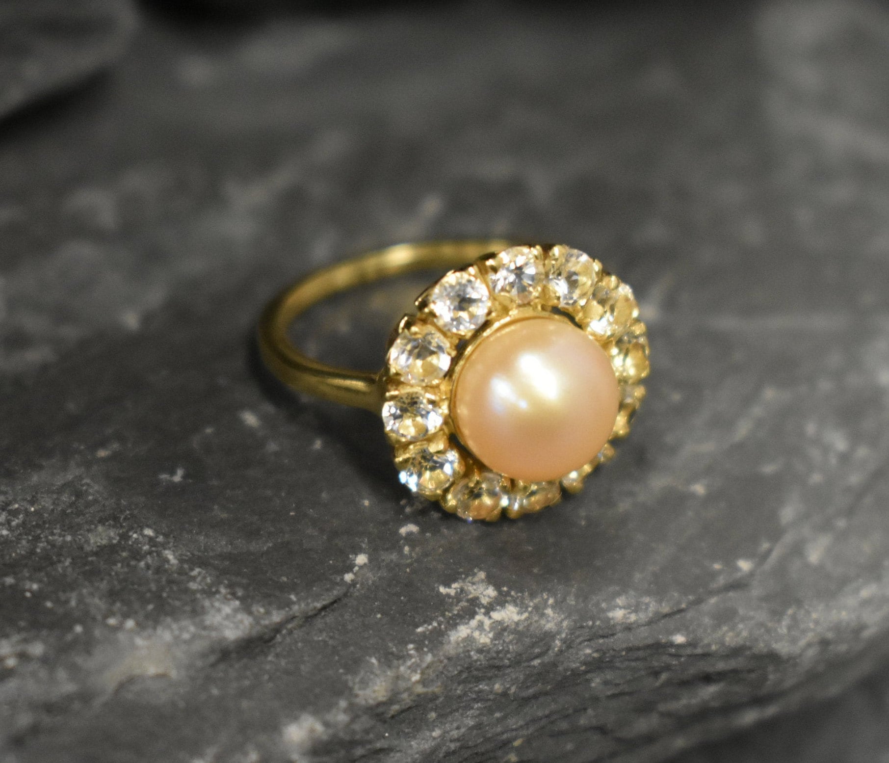 Vintage Beige Pearl Ring with White Topaz Halo