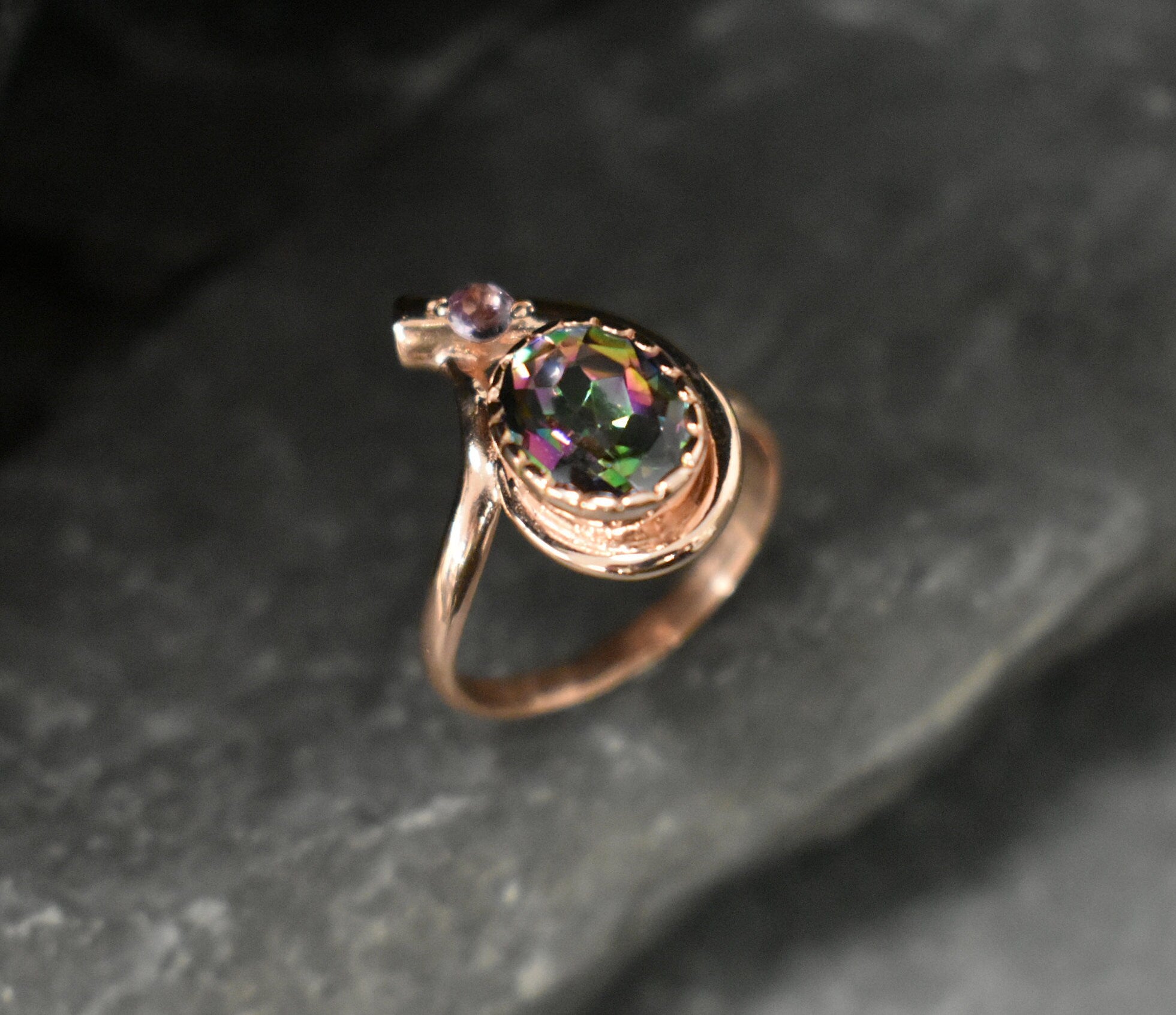 Rose Gold Ring, Mystic Topaz Ring, Natural Mystic Topaz, Asymmetric Ring, Gold Plated Ring, Teardrop Ring, Purple Boho Ring, Vermeil Ring
