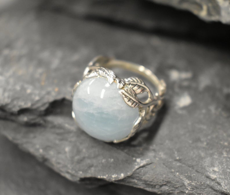 Aquamarine Ring, Natural Aquamarine, Leaf Ring, March Birthstone, Statement Ring, Large Stone Ring, Blue Stone Ring, Solid Silver Ring
