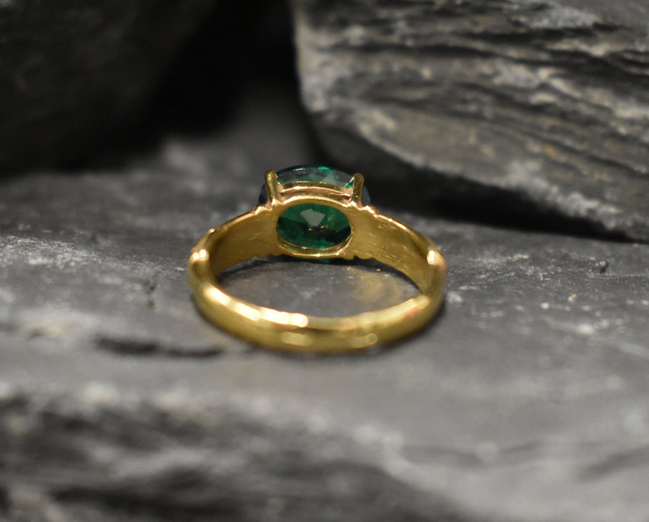 Gold Emerald Ring, Created Emerald, Tribal Ring, Horizontal Ring, Gold Plated Ring, Vintage Ring, 3 Carat Ring, Solitaire Ring, Vermeil Ring