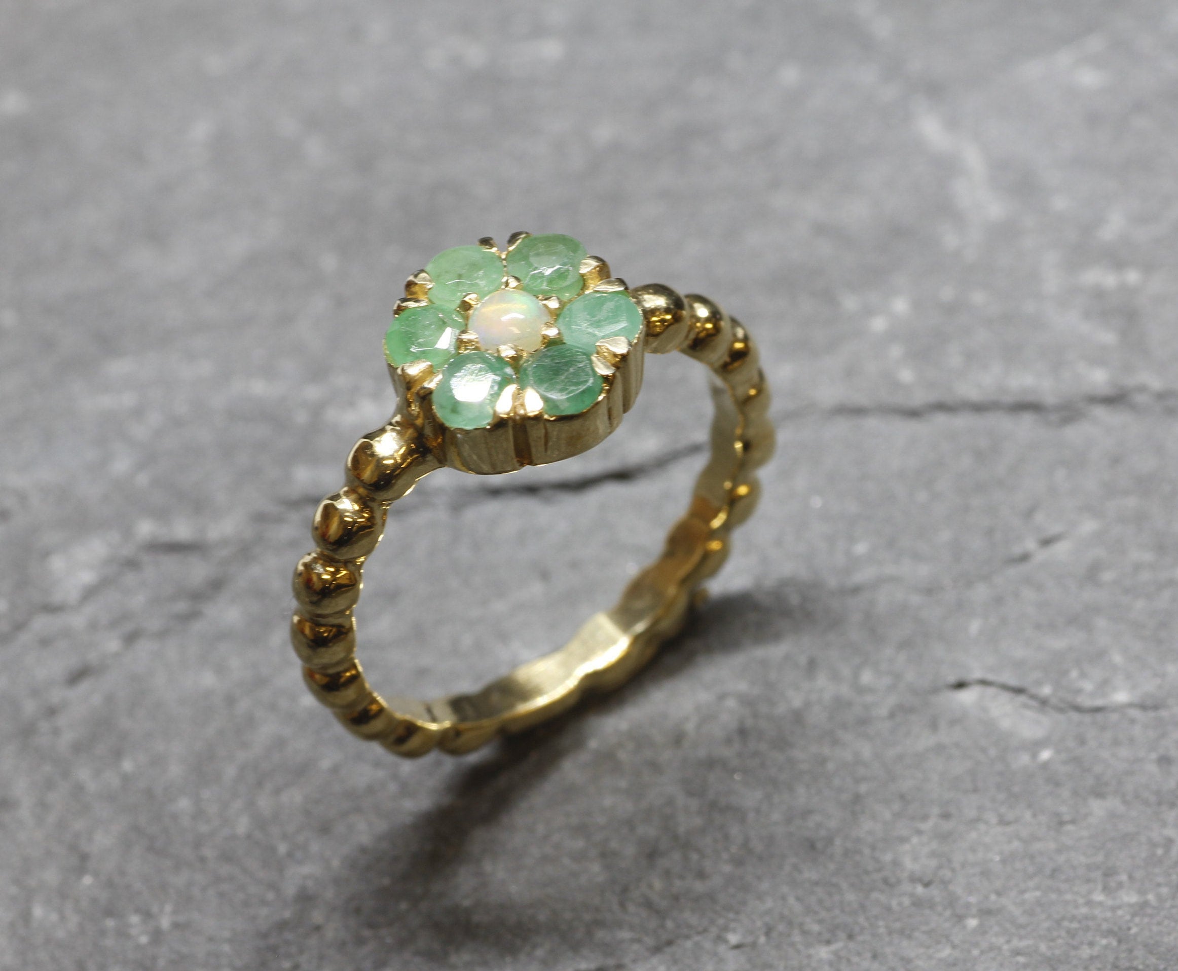 Gold Flower Ring, Natural Emerald Ring, Opal Ring, Green Daisy Ring, Gold Plated Ring, May Birthstone, Vintage Ring, Dainty Flower Ring