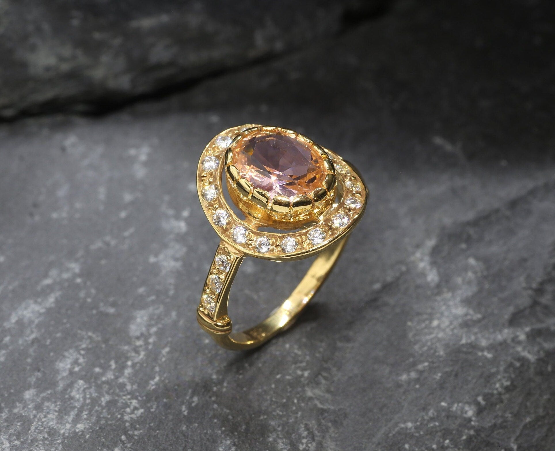 Gold Morganite Ring, Created Morganite, Vintage Ring, Gold Plated Ring, Antique Ring, Oval Ring, Pink Stone Ring, Solitaire Ring, Vermeil