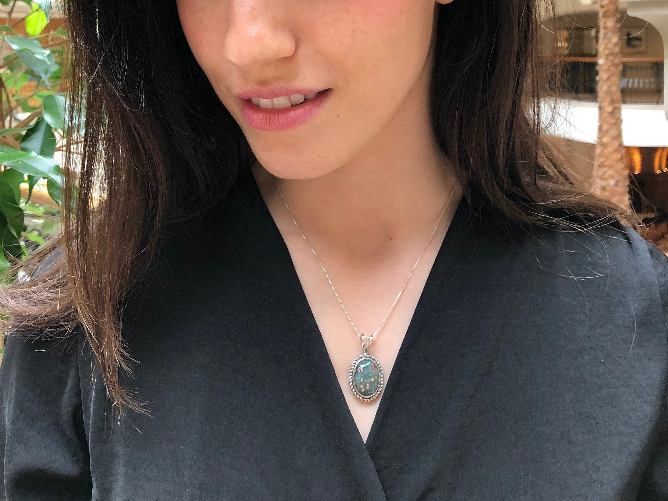 Ocean Jasper Pendant, Natural Jasper, Vintage Pendant, Oval Pendant, Antique Pendant, Green Pendant, Green Necklace, Solid Silver Pendant