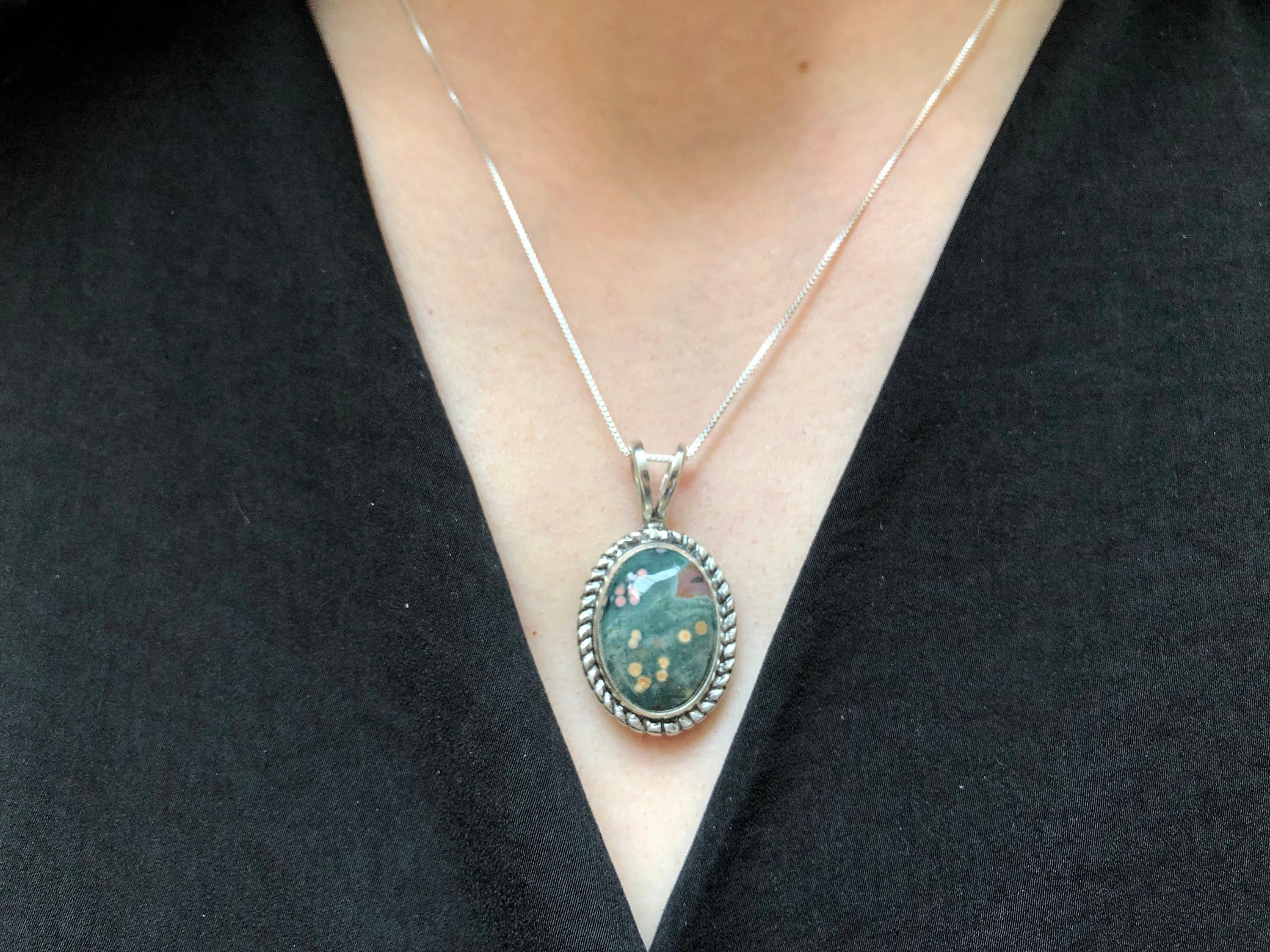 Ocean Jasper Pendant, Natural Jasper, Vintage Pendant, Oval Pendant, Antique Pendant, Green Pendant, Green Necklace, Solid Silver Pendant