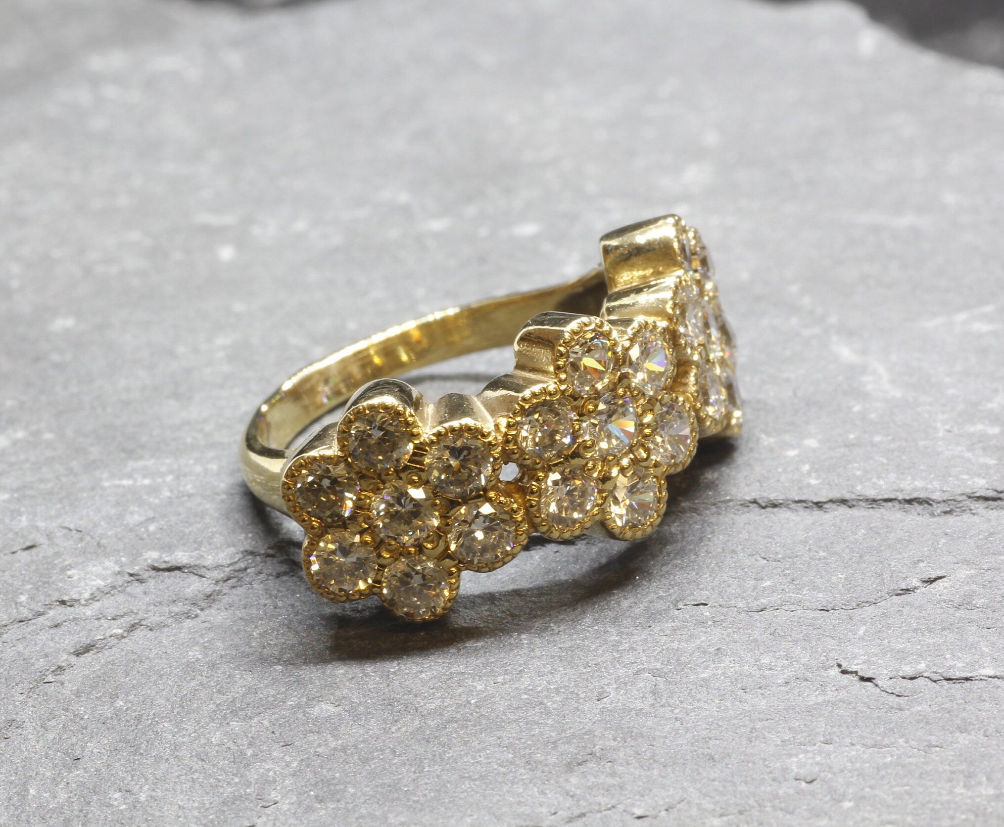 Gold Daisy Band, Flower Ring, Gold Ring, Diamond Flower Ring, Created Diamond, Vintage Ring, Sparkly Ring, Gold Plated Ring, Vermeil Ring