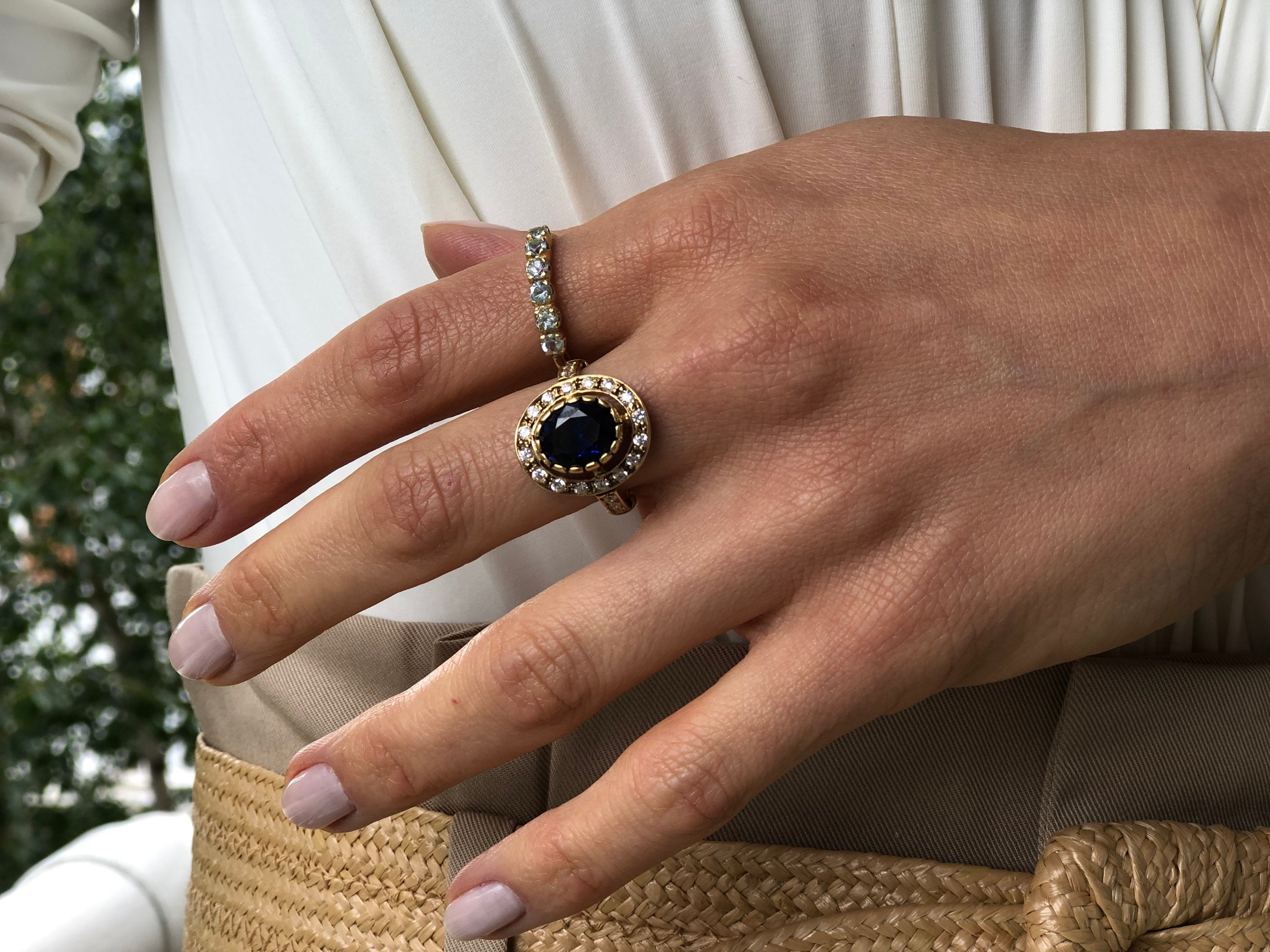 Gold Oval Victorian Sapphire Ring with Halo