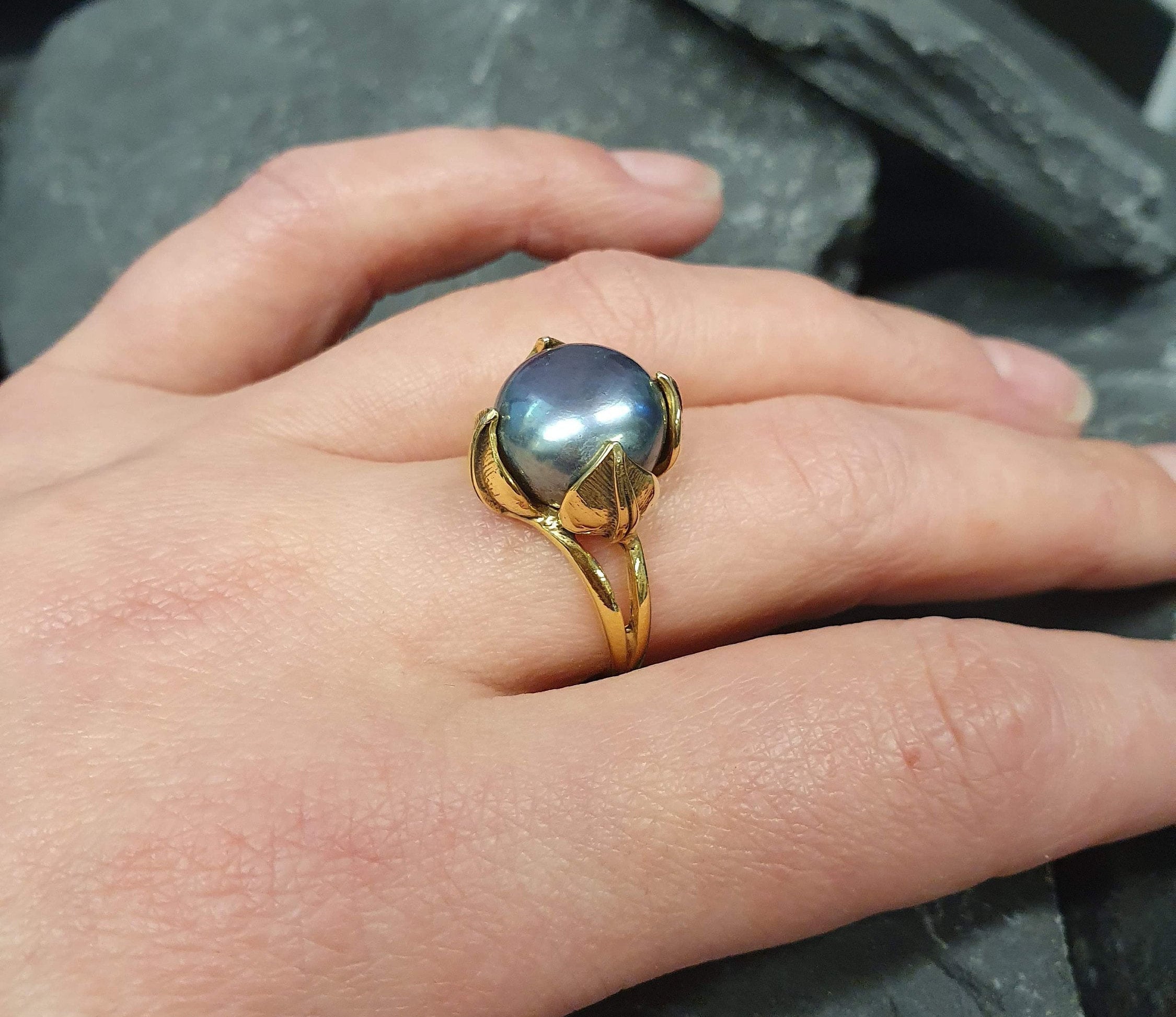 Black Pearl Ring, Natural Pearl, Gold Pearl Ring, Antique Ring, Leaf Ring, Vintage Ring, Gold Plated Ring, June Birthstone, Vermeil Ring