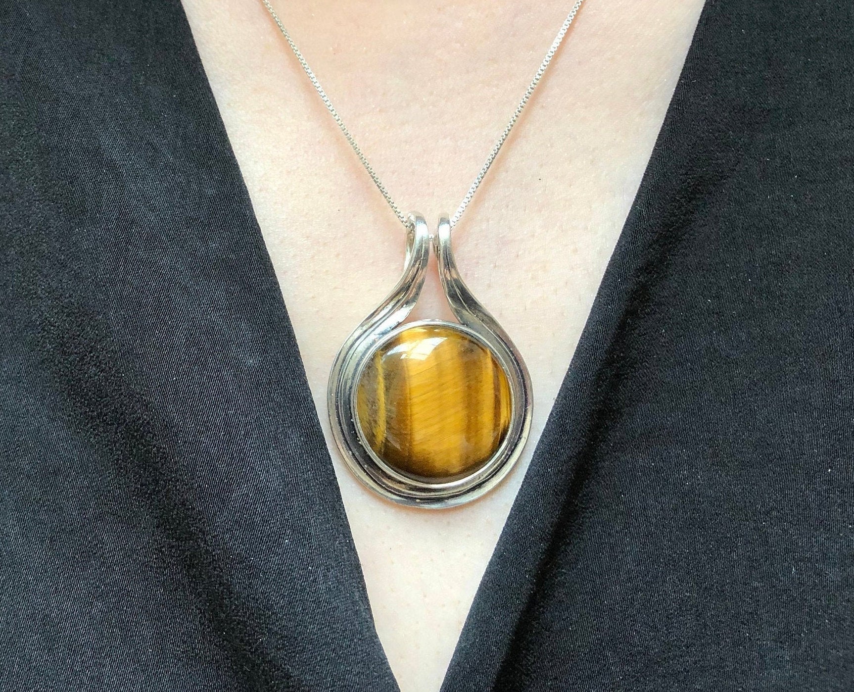 Tiger Eye Pendant, Natural Tiger Eye, Large Round Pendant, Gold Stone Pendant, Vintage Pendant, Big Heavy Necklace, Sterling Silver Pendant