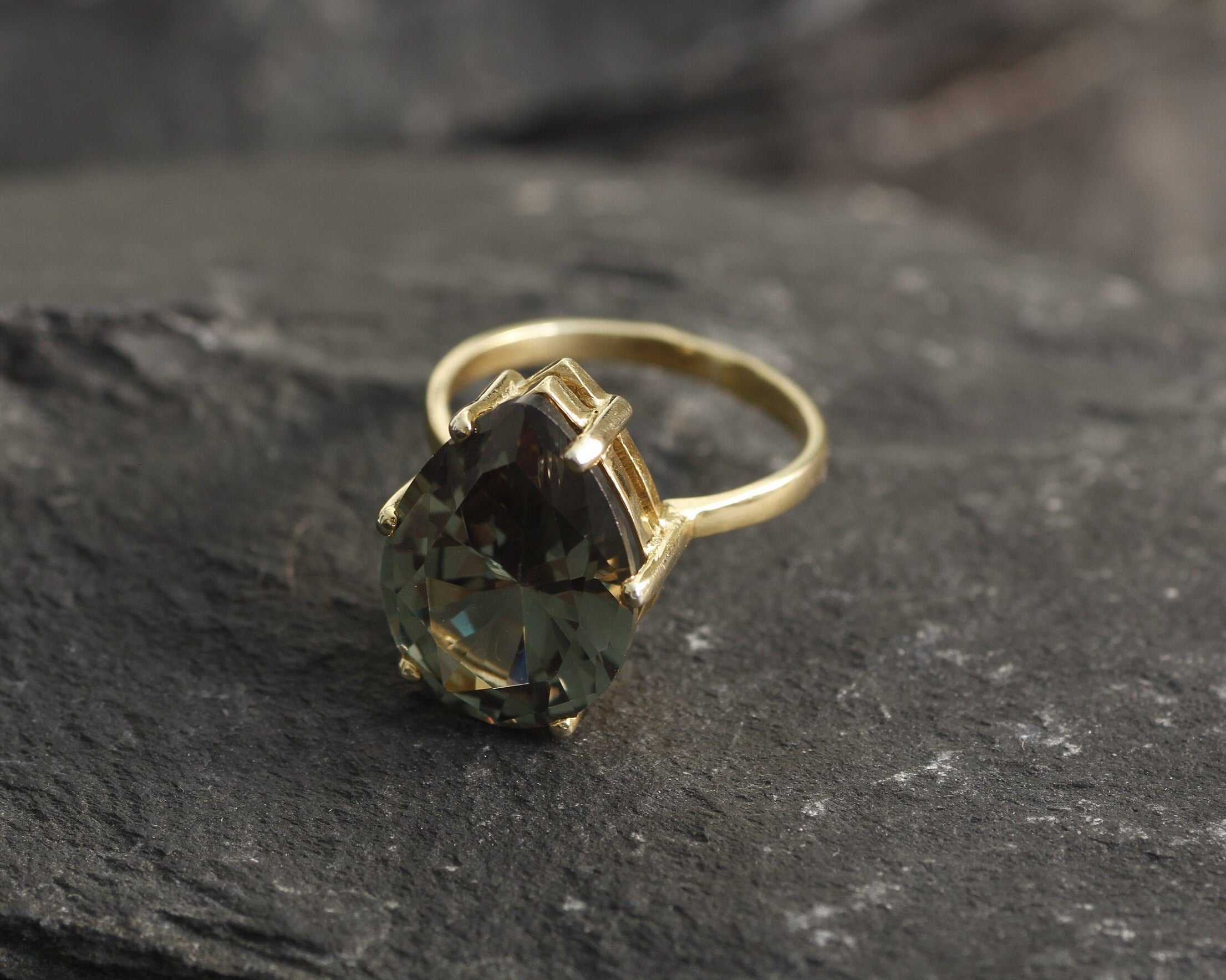 Large Teardrop Green Diamond Ring in Gold Vermeil