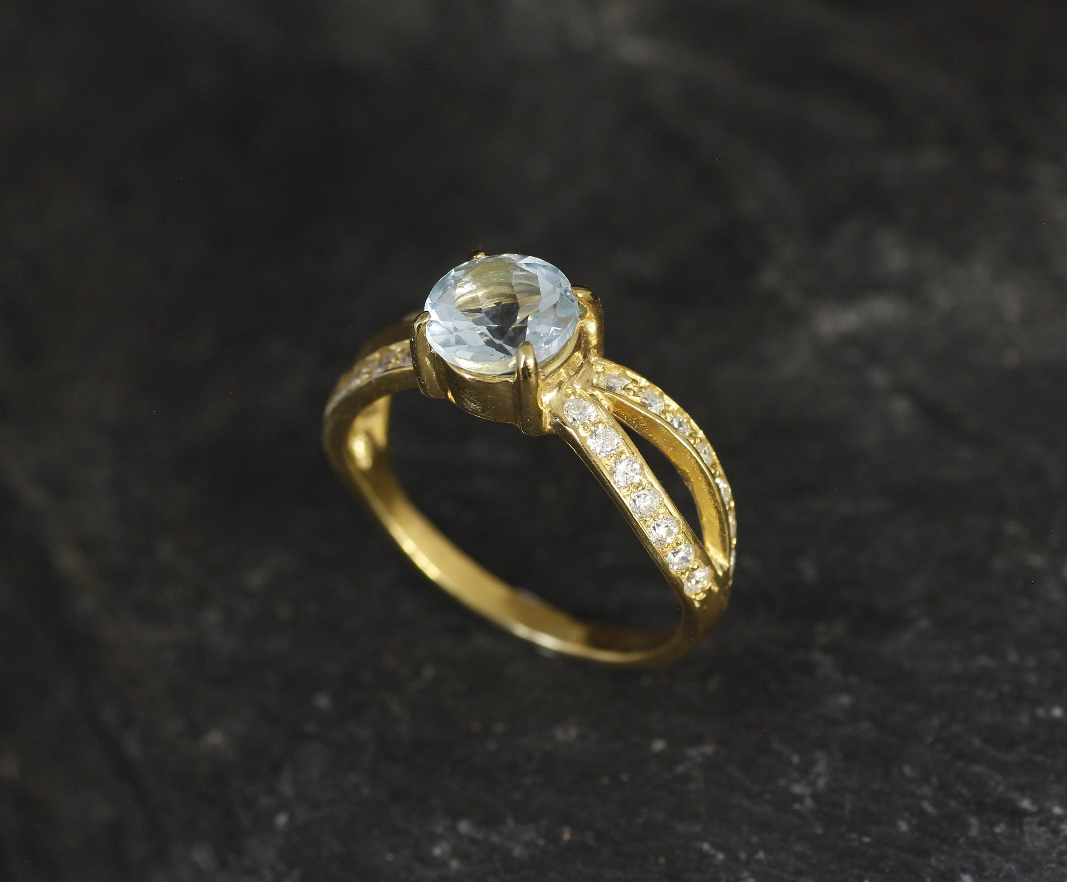 Engagement Ring, Natural Blue Topaz, Gold Plated Ring, December Birthstone, Round Ring, 2 Carat Ring, Blue Proposal Ring, Gold Vermeil Ring