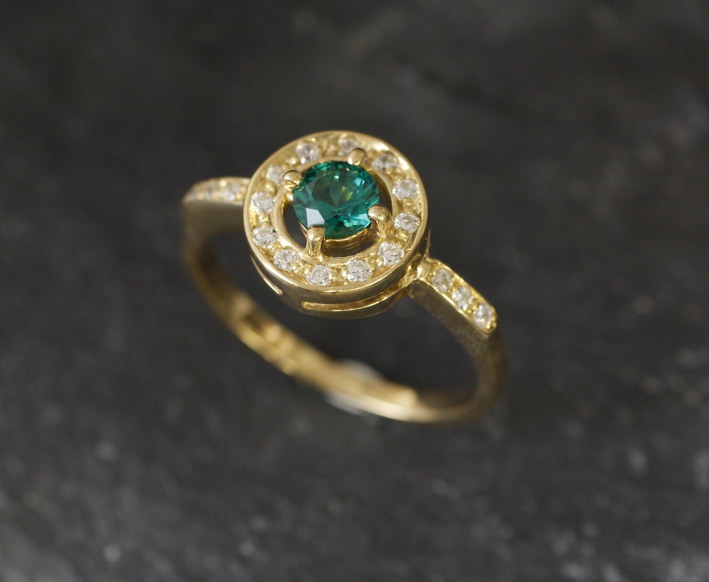 Gold Emerald Ring, Created Emerald, Gold Green Ring, Gold Vintage Ring, Green Diamond Ring, Gold Ring, Solitaire Ring, Silver Ring, Emerald