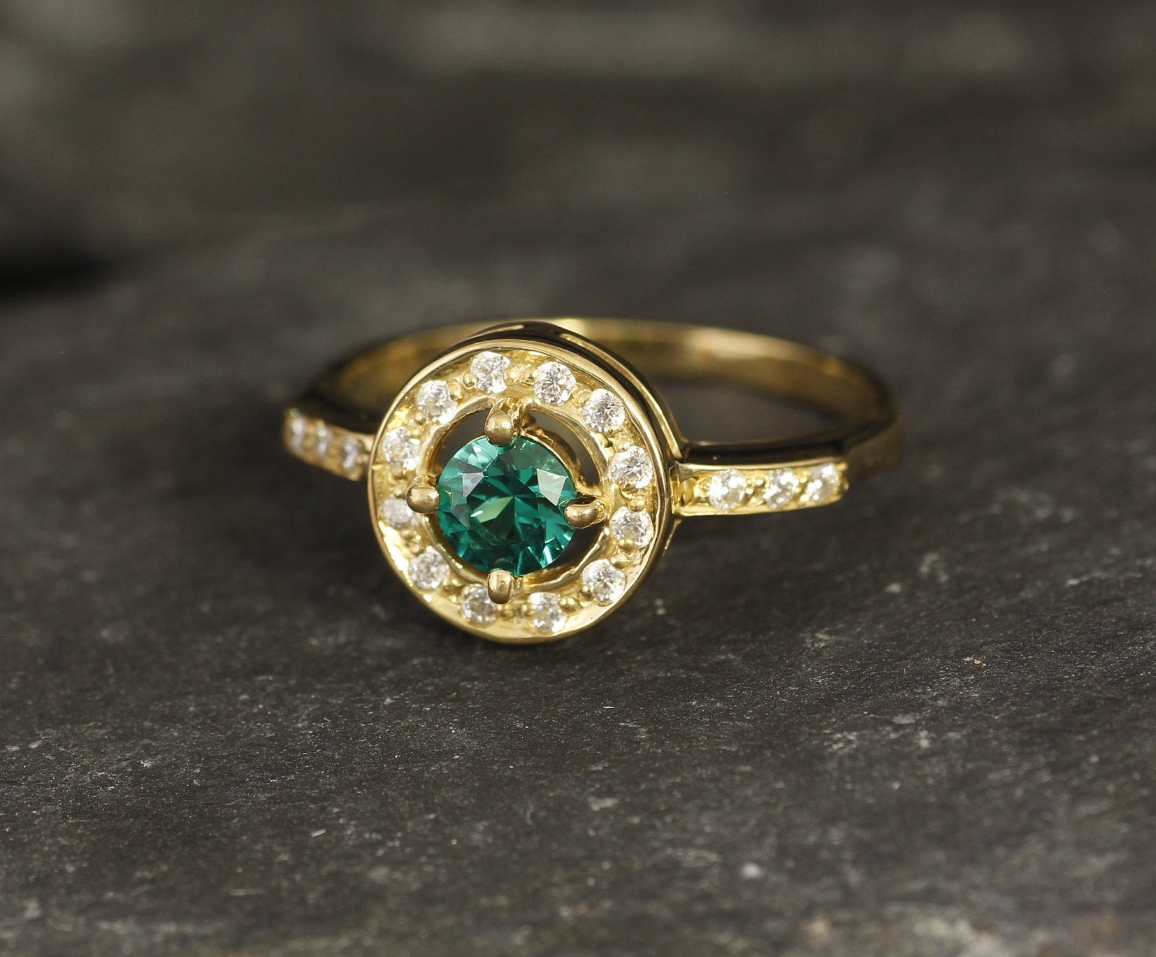 Gold Emerald Ring, Created Emerald, Gold Green Ring, Gold Vintage Ring, Green Diamond Ring, Gold Ring, Solitaire Ring, Silver Ring, Emerald