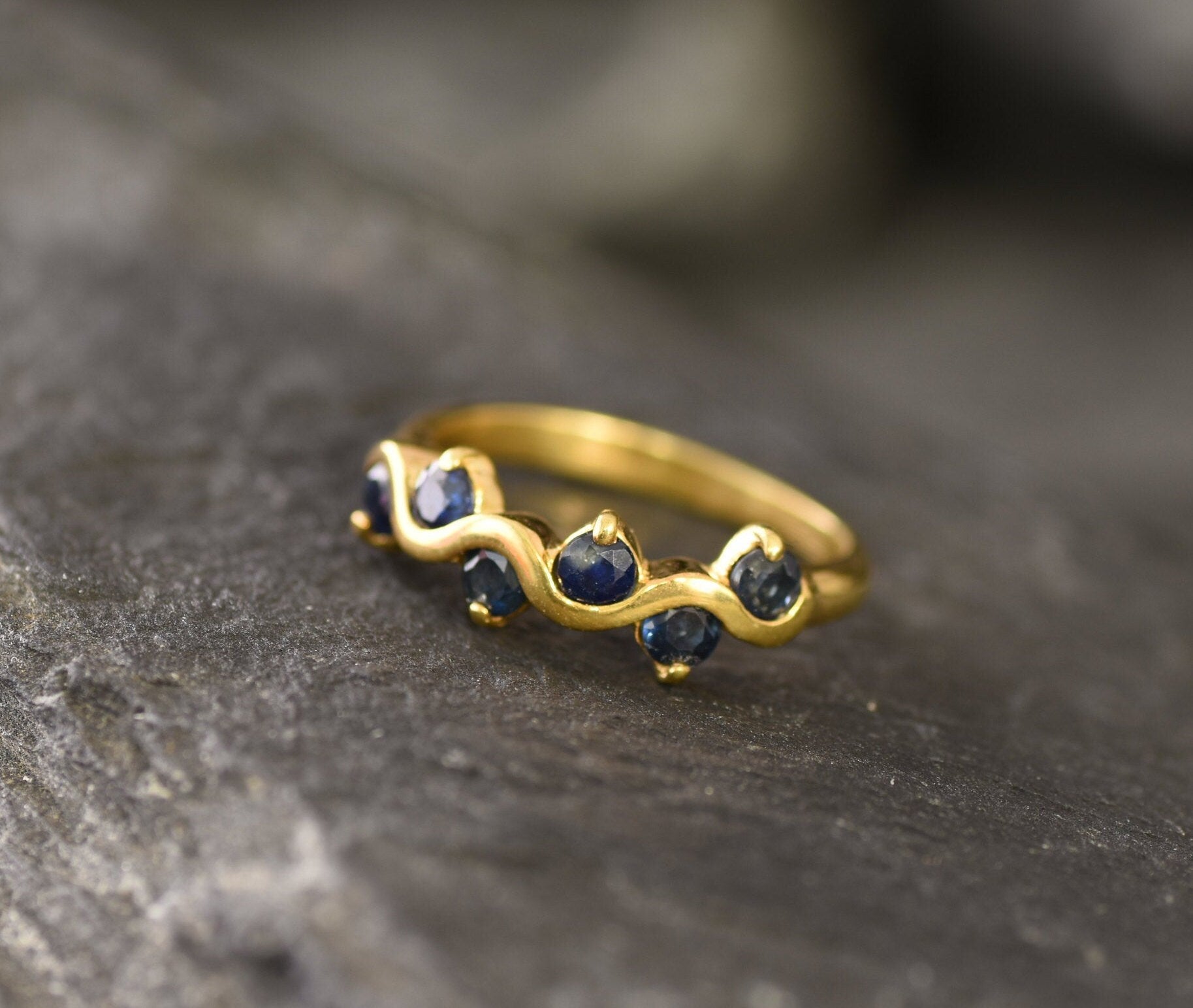 Gold Sapphire Band, Natural Sapphire, September Birthstone, Asymmetric Ring, Gold Plated Ring, Vintage Ring, Half Eternity Ring, Vermeil