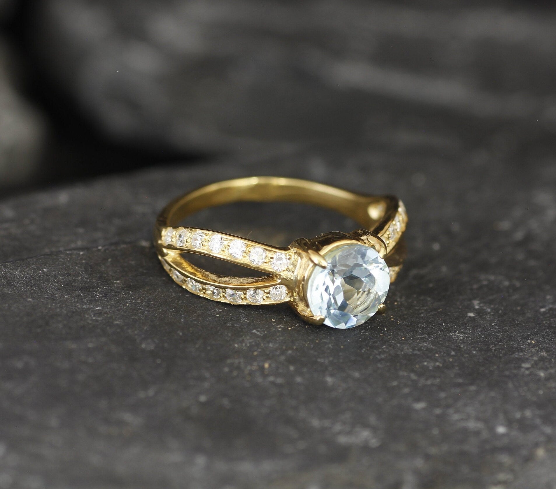 Engagement Ring, Natural Blue Topaz, Gold Plated Ring, December Birthstone, Round Ring, 2 Carat Ring, Blue Proposal Ring, Gold Vermeil Ring