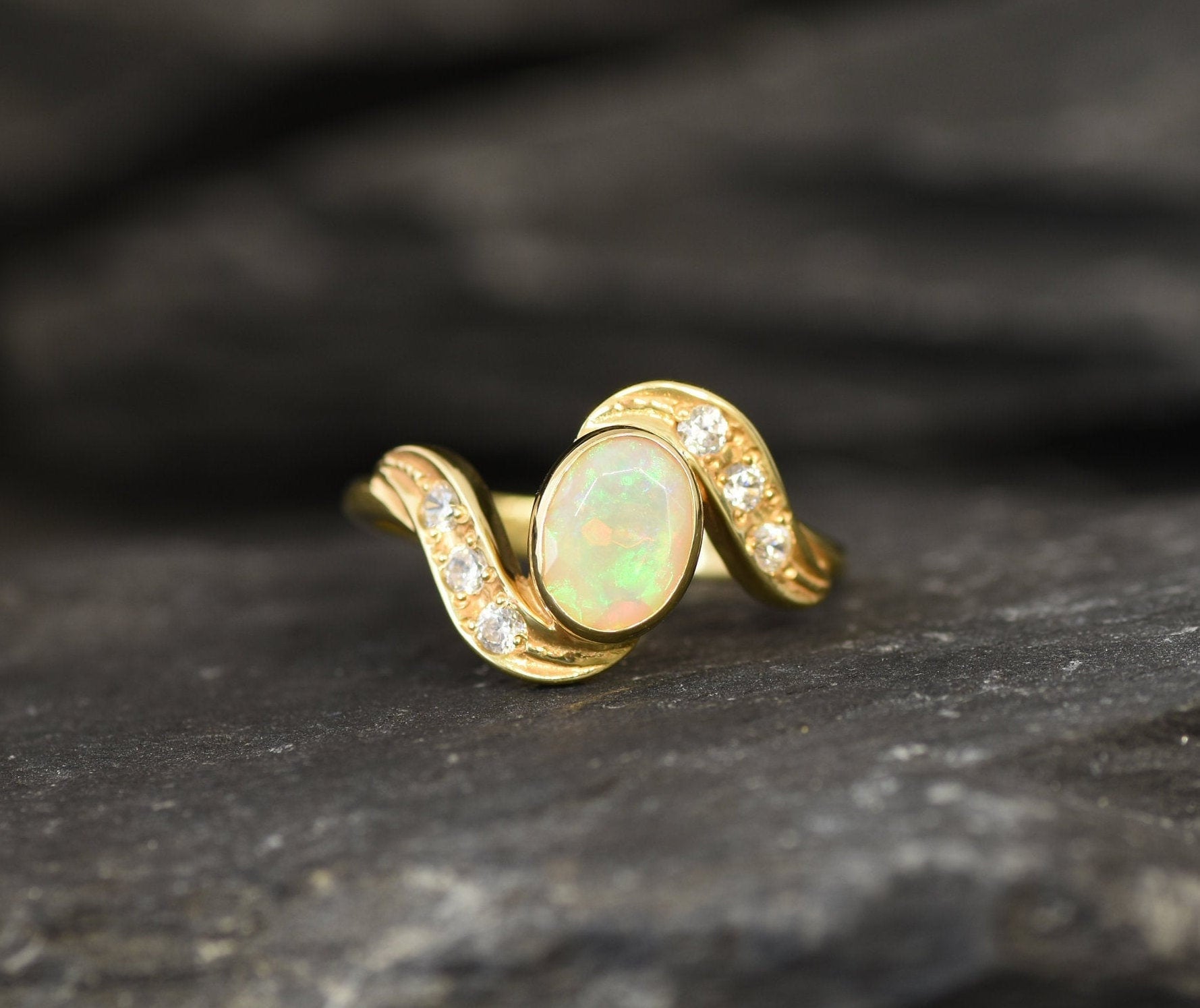 Gold Opal Ring, Natural Opal, Fire Opal Ring, Antique Ring, Gold Plated Ring, Bypass Band, 2 Carat Opal Ring, Proposal Ring, Vermeil Ring
