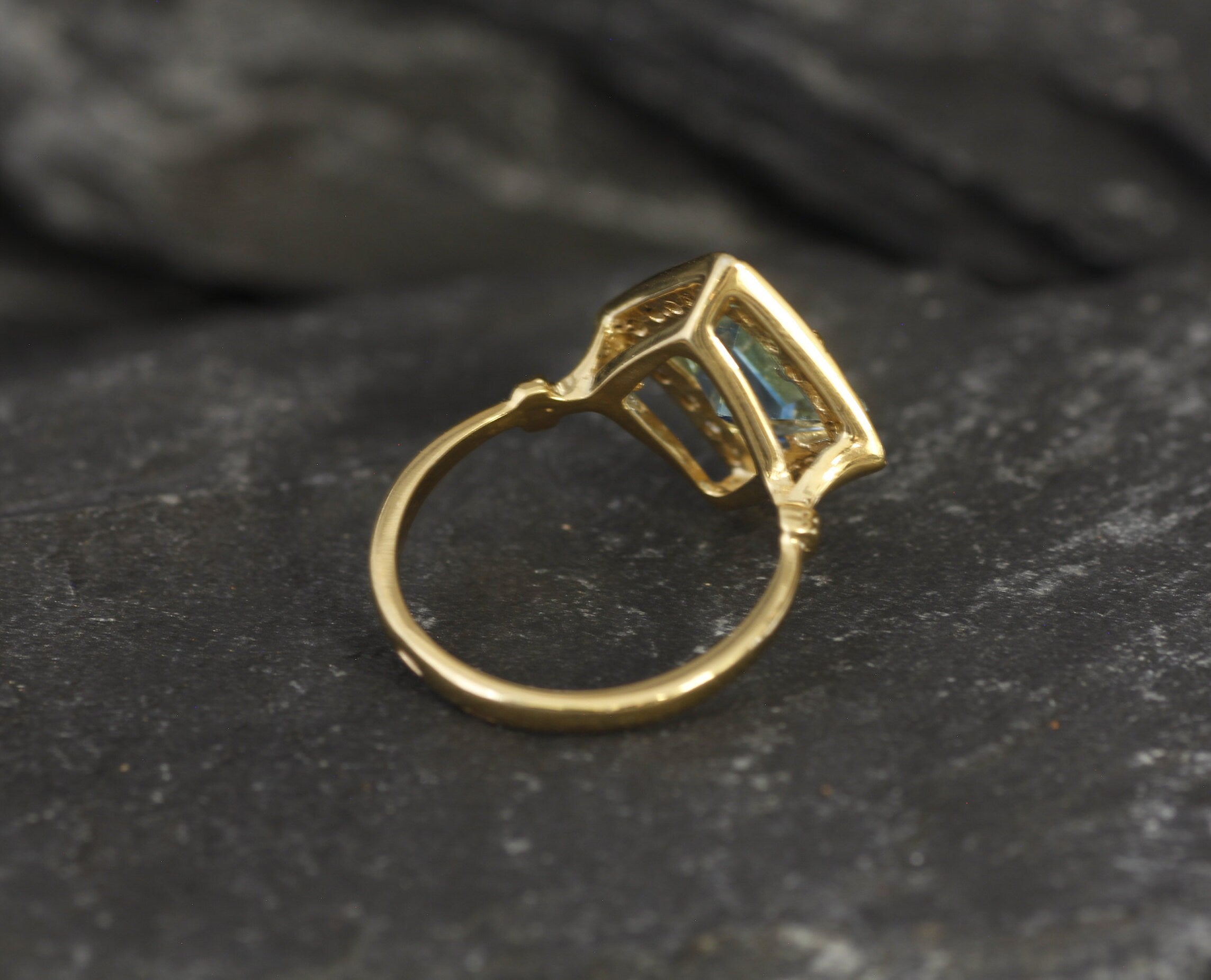 Gold Blue Topaz Ring, Natural Blue Topaz Ring, December Birthstone, Square Ring, Proposal Ring, Vintage Gold Ring, Princess Cut Diamond Ring