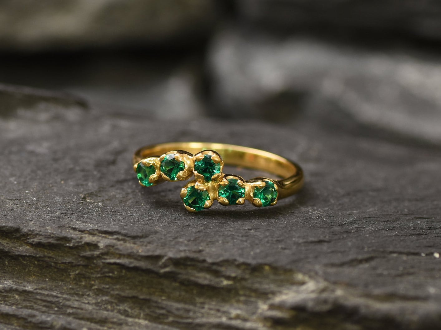 Gold Emerald Band, Created Emerald Ring, Stackable Band, Green Band, Gold Bypass Band, Vintage Ring, Gold Vermeil Ring, Gold Plated Ring