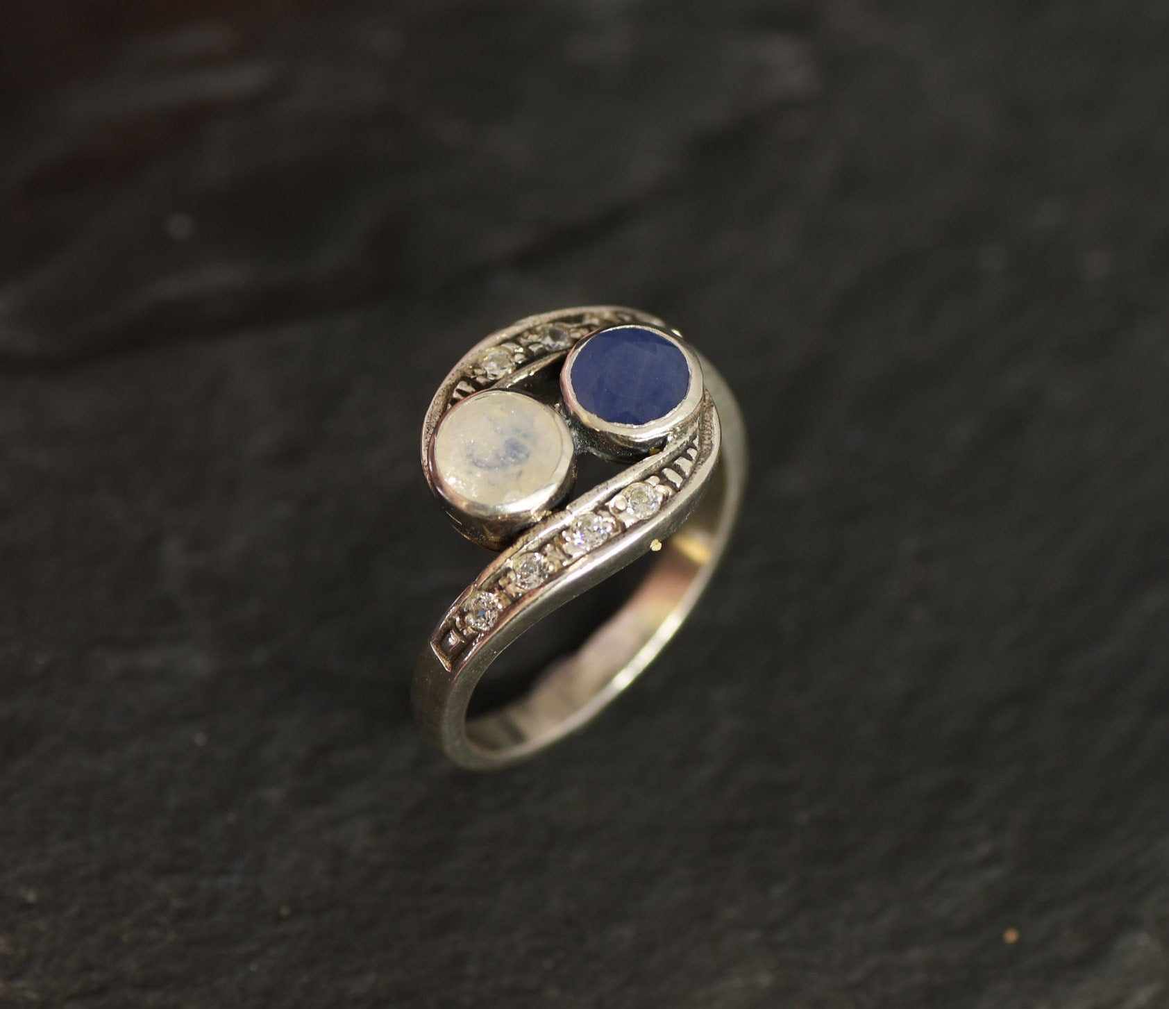 Bypass Ring, Natural Sapphire, Rainbow Moonstone, Two Stone Ring, Vintage Ring, September Birthstone, June Ring, Boho Ring, 925 Silver Ring