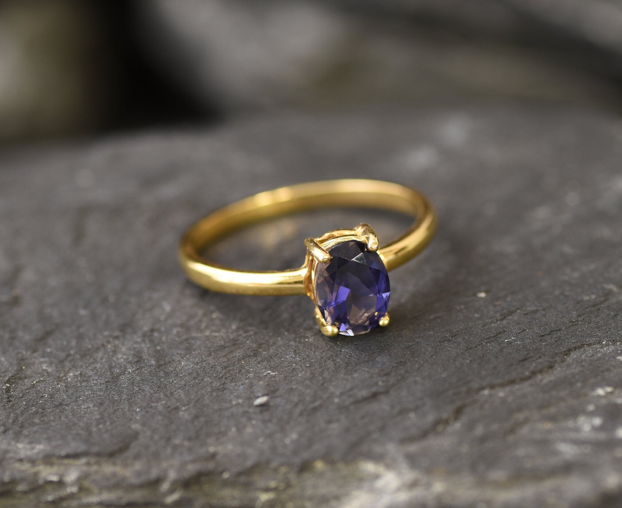 Gold Iolite Ring, 2 Carat Solitaire, Purple Ring, Natural Iolite, Gold Plated Ring, Promise Ring, Proposal Ring, Dainty Ring, Vermeil Ring