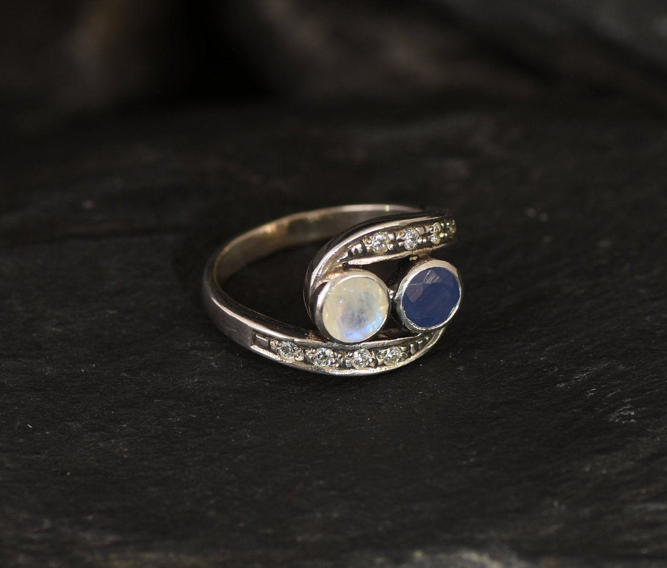 Bypass Ring, Natural Sapphire, Rainbow Moonstone, Two Stone Ring, Vintage Ring, September Birthstone, June Ring, Boho Ring, 925 Silver Ring
