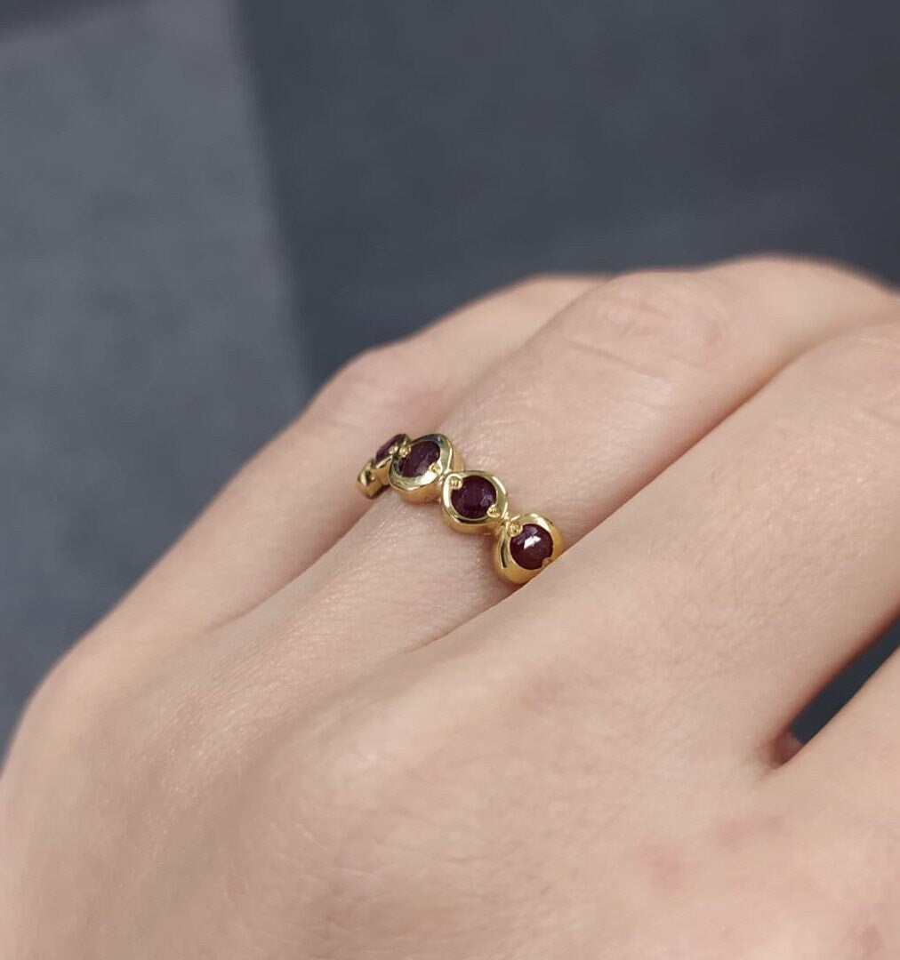 Gold Ruby Band, Natural Ruby, July Birthstone, Gold Half Eternity Ring, Ruby Ring, Red Ruby Ring, Red Vintage Ring, Silver Ring, Real Ruby