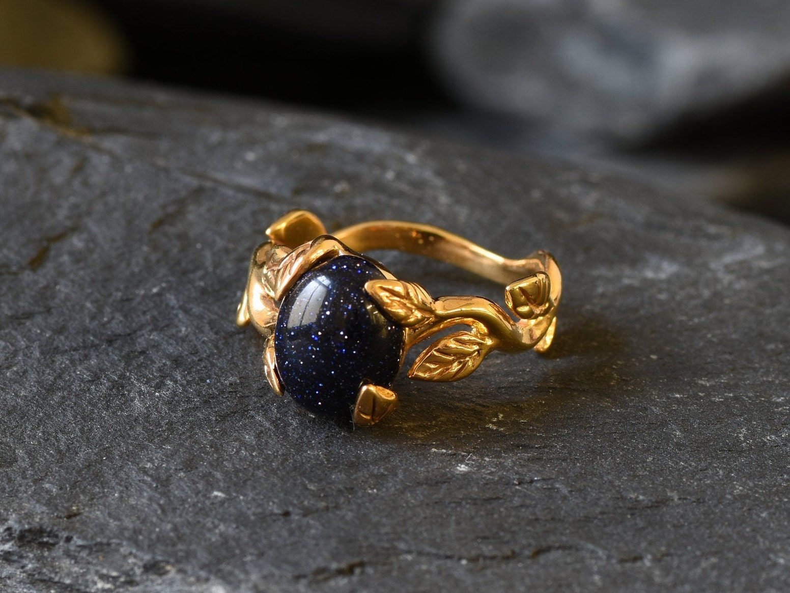 Gold Sandstone Ring, Gold Leaf Ring, Natural Sandstone, Gold Vintage Ring, Flower Ring, Blue Sandstone Ring, Galaxy Ring, Gold Vermeil Ring