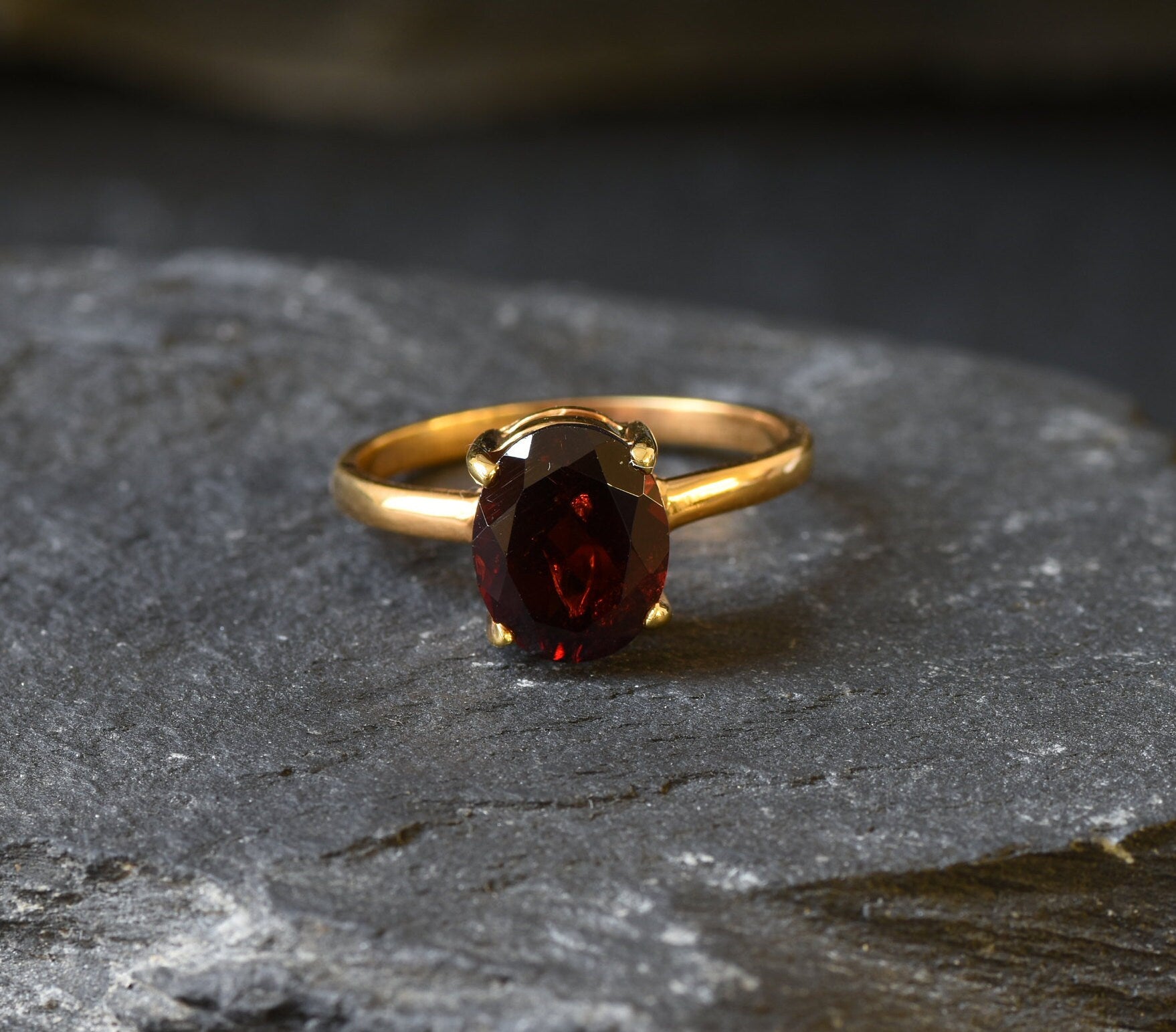 Gold Garnet Ring, Natural Garnet, Red Solitaire Ring, Gold Plated Ring, January Birthstone, Promise Ring, 3 Carat Stone Ring, Gold Vermeil