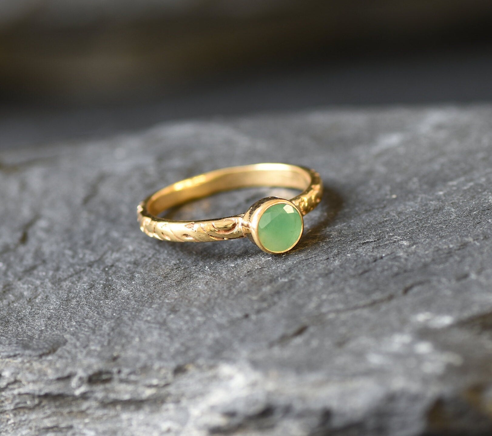 Gold Emerald Ring, Natural Emerald, Dainty Ring, Embossed Band, Boho Ring, Stackable Ring, May Birthstone, Bohemian Band, Gold Vermeil