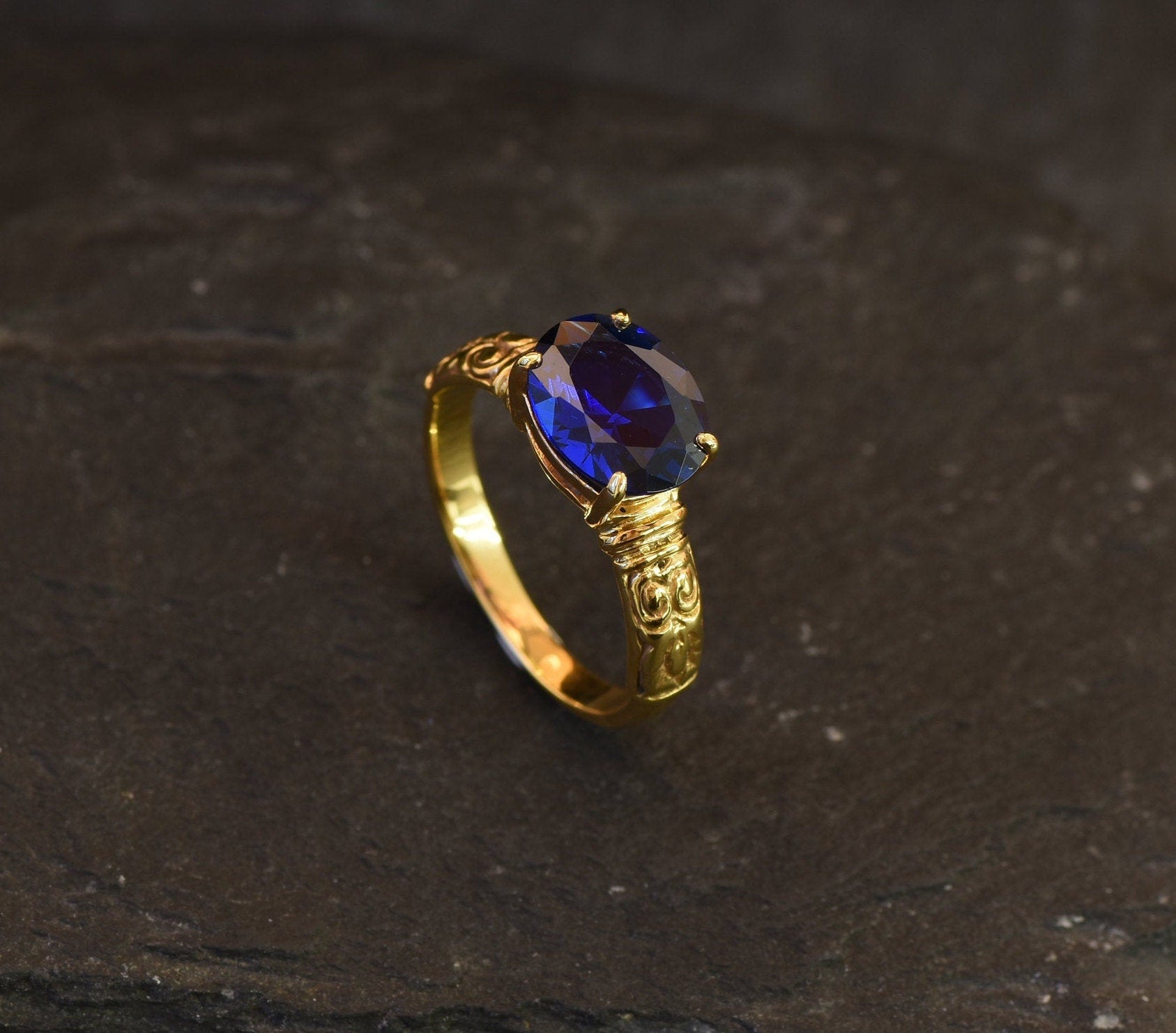 Gold Sapphire Ring, Created Blue Sapphire, Horizontal Ring, Tribal Ring, Vintage Ring, Blue Diamond Ring, Gold Plated Ring, Gold Vermeil