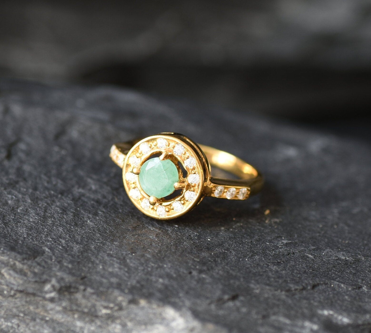 Gold Emerald Ring, Natural Emerald, Cluster Ring, Dainty Green Ring, Gold Plated Ring, May Birthstone, Round Ring, Halo Ring, Gold Vermeil