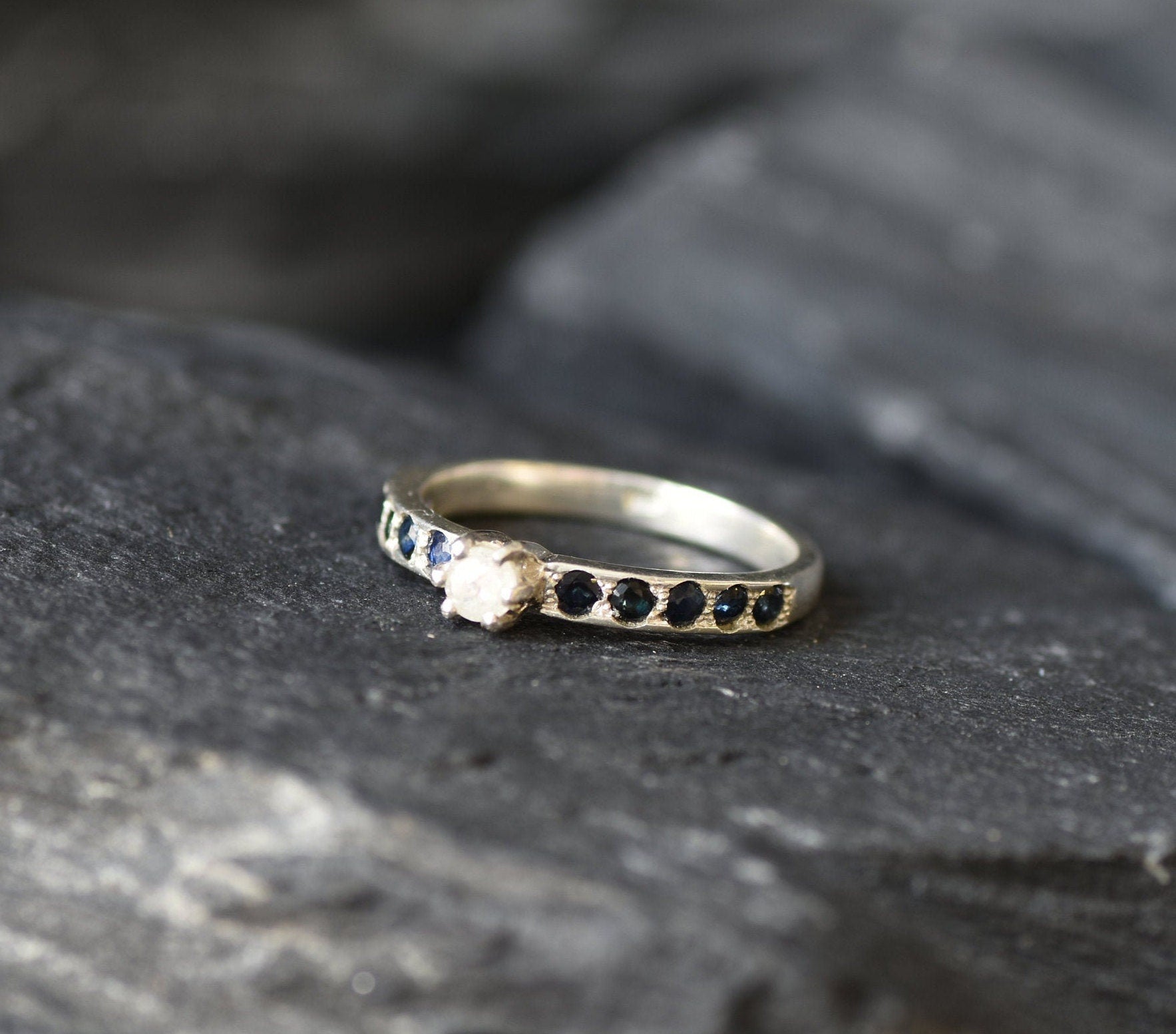 Real Diamond Ring, Natural Diamond, Engagement Ring, Dainty Proposal Ring, Sapphire Band, Natural Sapphire, April Birthstone, Solid Silver