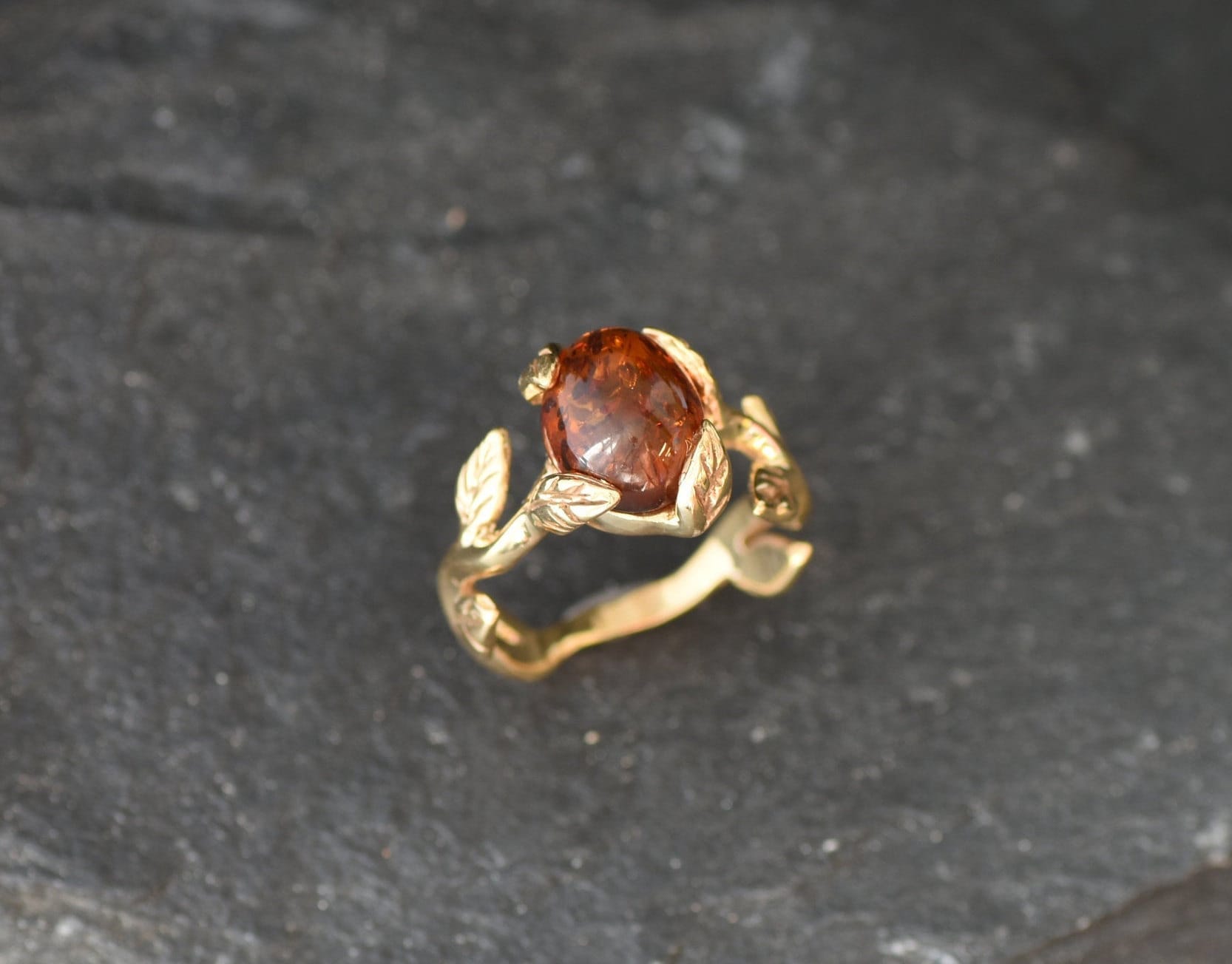 Gold Amber Ring, Natural Amber, Gold Leaf Ring, Branch Ring, Vintage Ring, Gold Plated Ring, Amber Ring, Proposal Ring, Gold Vermeil Ring