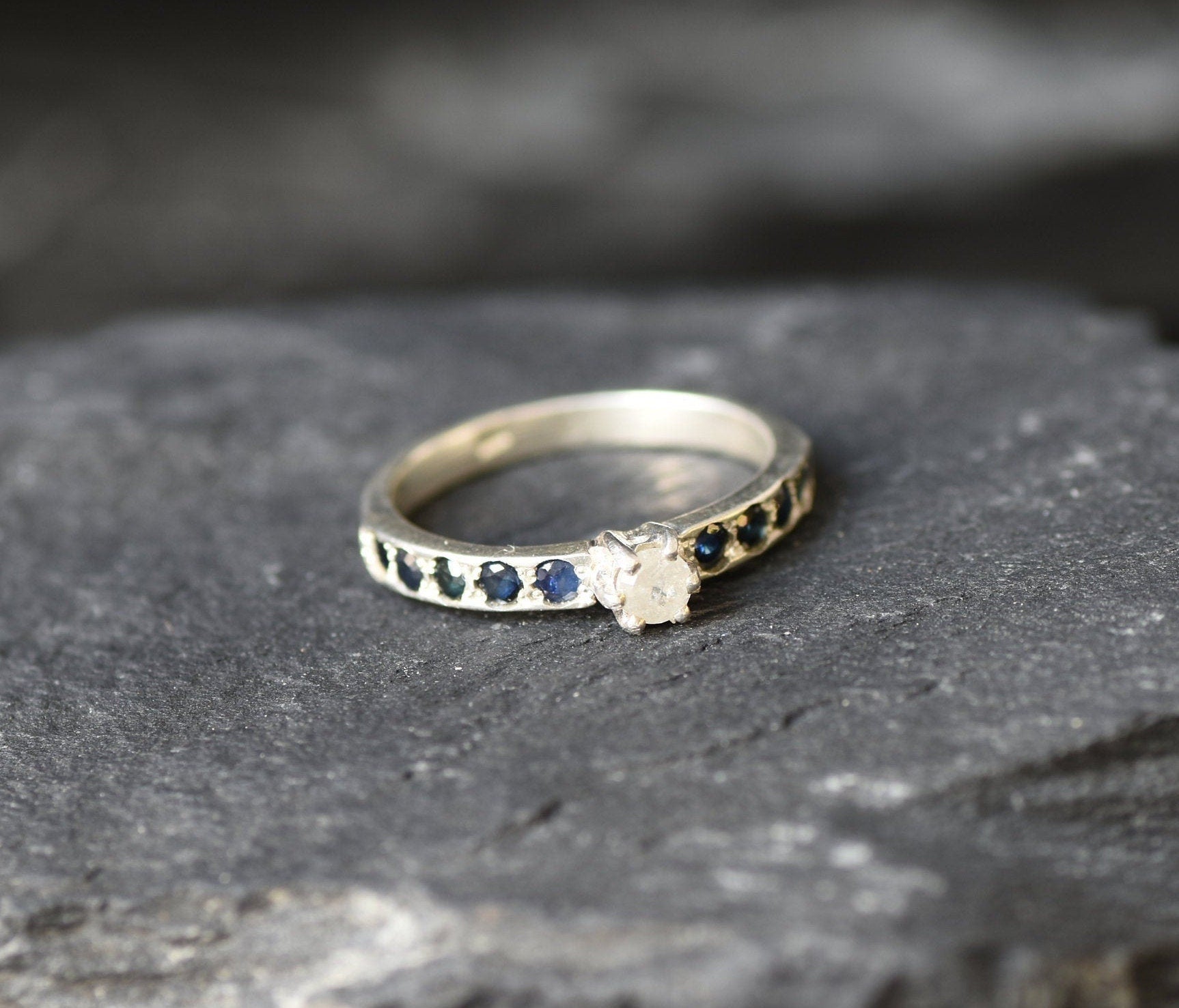 Real Diamond Ring, Natural Diamond, Engagement Ring, Dainty Proposal Ring, Sapphire Band, Natural Sapphire, April Birthstone, Solid Silver