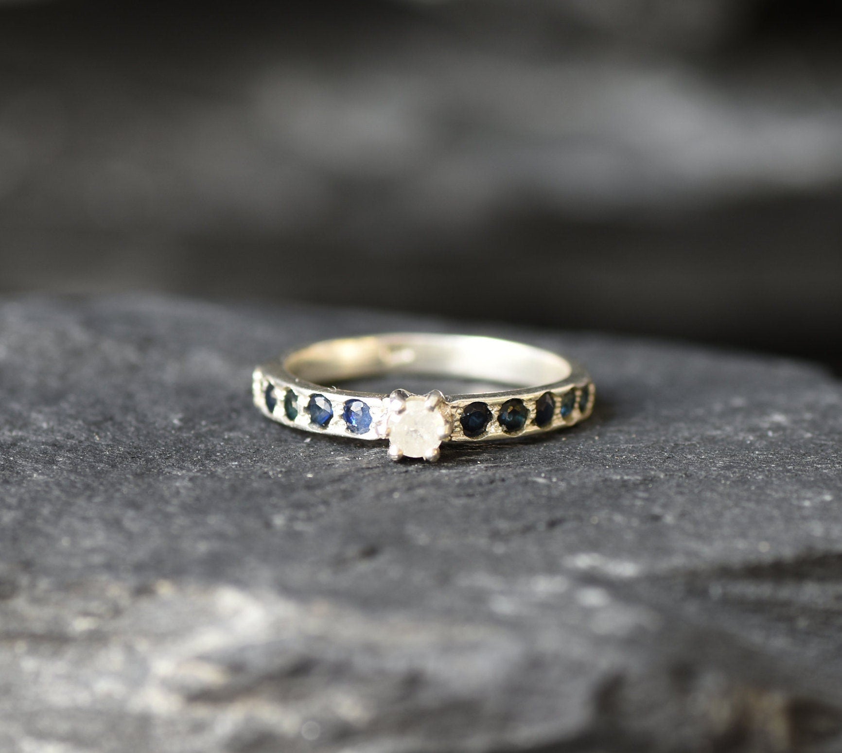 Real Diamond Ring, Natural Diamond, Engagement Ring, Dainty Proposal Ring, Sapphire Band, Natural Sapphire, April Birthstone, Solid Silver