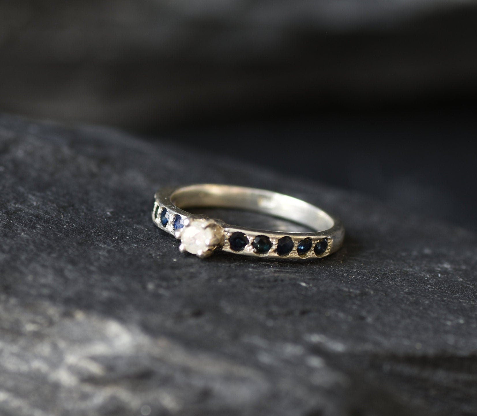 Real Diamond Ring, Natural Diamond, Engagement Ring, Dainty Proposal Ring, Sapphire Band, Natural Sapphire, April Birthstone, Solid Silver