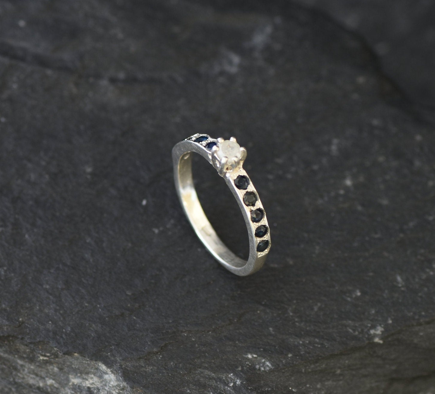 Real Diamond Ring, Natural Diamond, Engagement Ring, Dainty Proposal Ring, Sapphire Band, Natural Sapphire, April Birthstone, Solid Silver