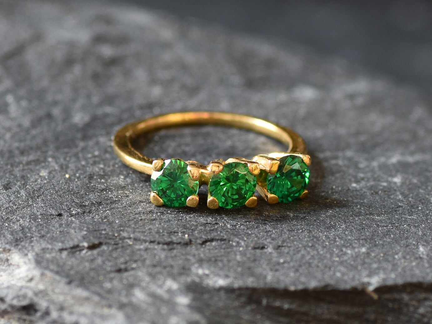 Gold Emerald Ring, Three Stone Ring, Created Emerald, Gold Engagement Ring, Emerald Ring, Proposal Ring, Vintage Ring, Emerald Band, Vermeil