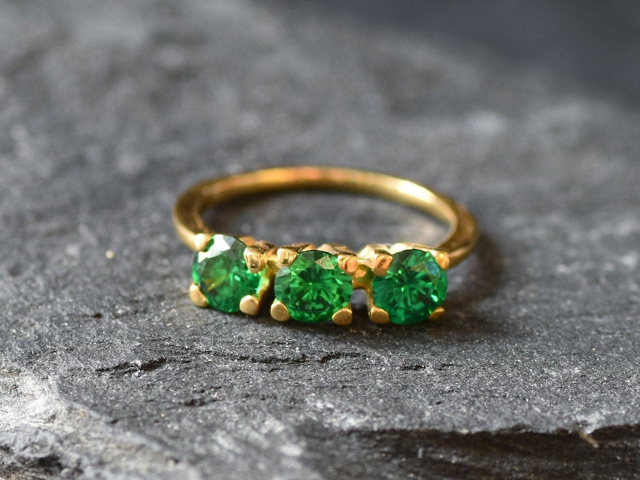 Gold Emerald Ring, Three Stone Ring, Created Emerald, Gold Engagement Ring, Emerald Ring, Proposal Ring, Vintage Ring, Emerald Band, Vermeil