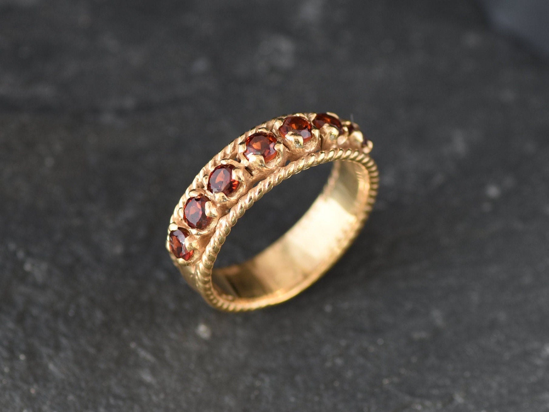 Half Eternity Band, Gold Vintage Ring, Natural Garnet, Garnet Ring, January Birthstone, Gold Birthstone Ring, 18K Gold Ring, Gold Gemstone
