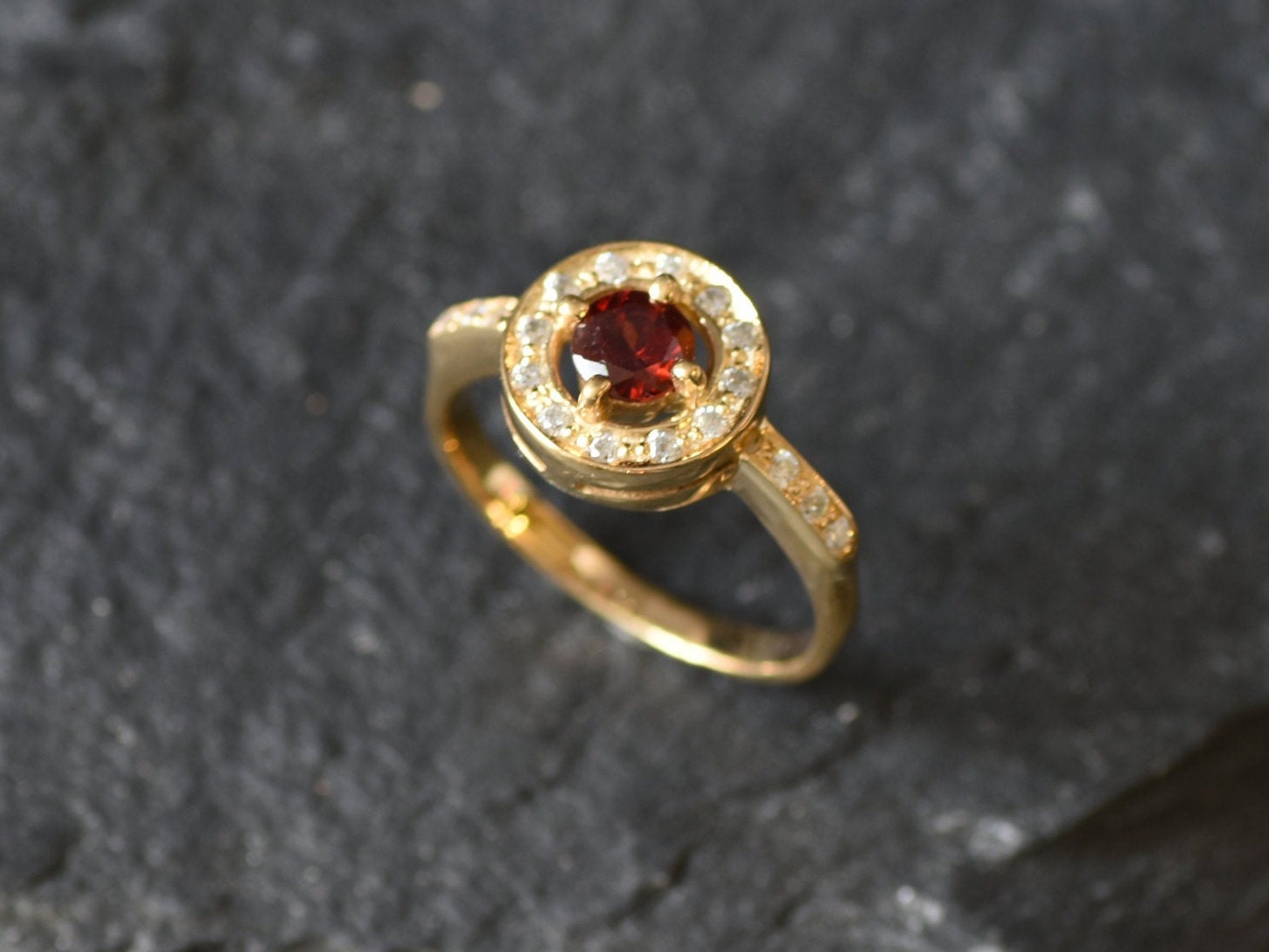 Gold Garnet Ring, Red Gold Ring, Round Garnet Ring, Natural Garnet Ring, Red Stone Ring, January Ring, Cluster Ring, Halo Ring, Gold Vermeil