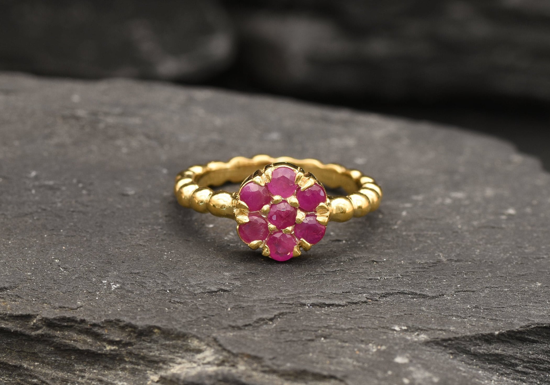 Gold Ruby Ring, Natural Ruby, Red Flower Ring, Daisy Ring, July Birthstone, Stackable Ring, Dainty Bubble Band, Gold Plated Ring, Vermeil