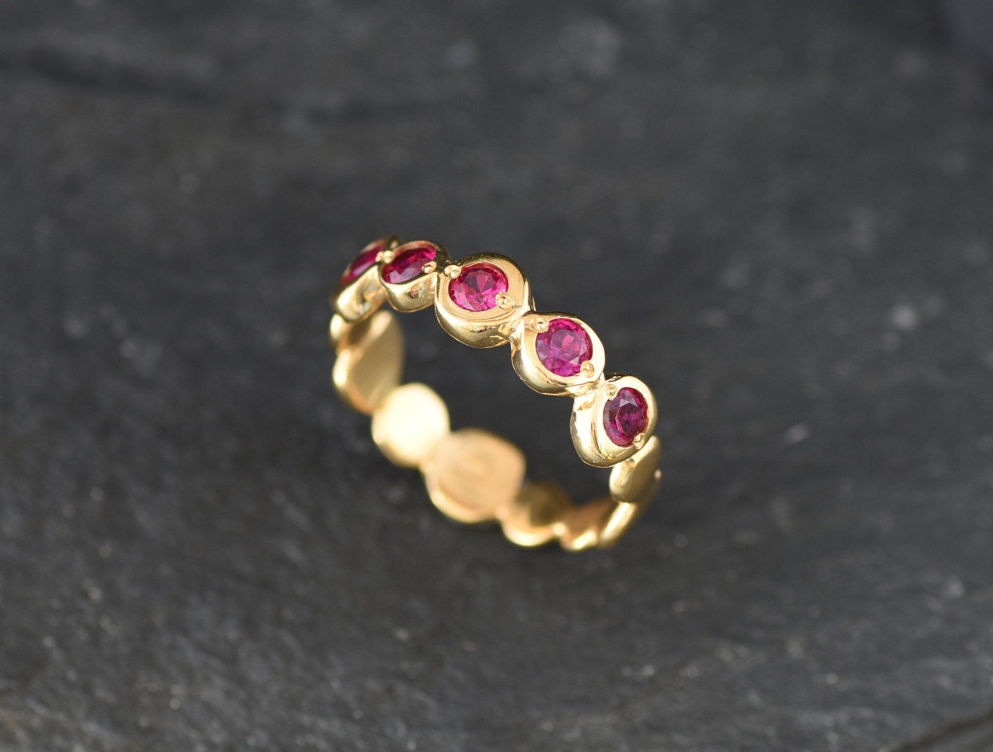 Gold Ruby Ring, Created Ruby, Gold Bubble Band, Ruby Vintage Ring, Red Boho Ring, Gold Plated Ring, Pink Ruby Ring, Bohemian Band, Vermeil