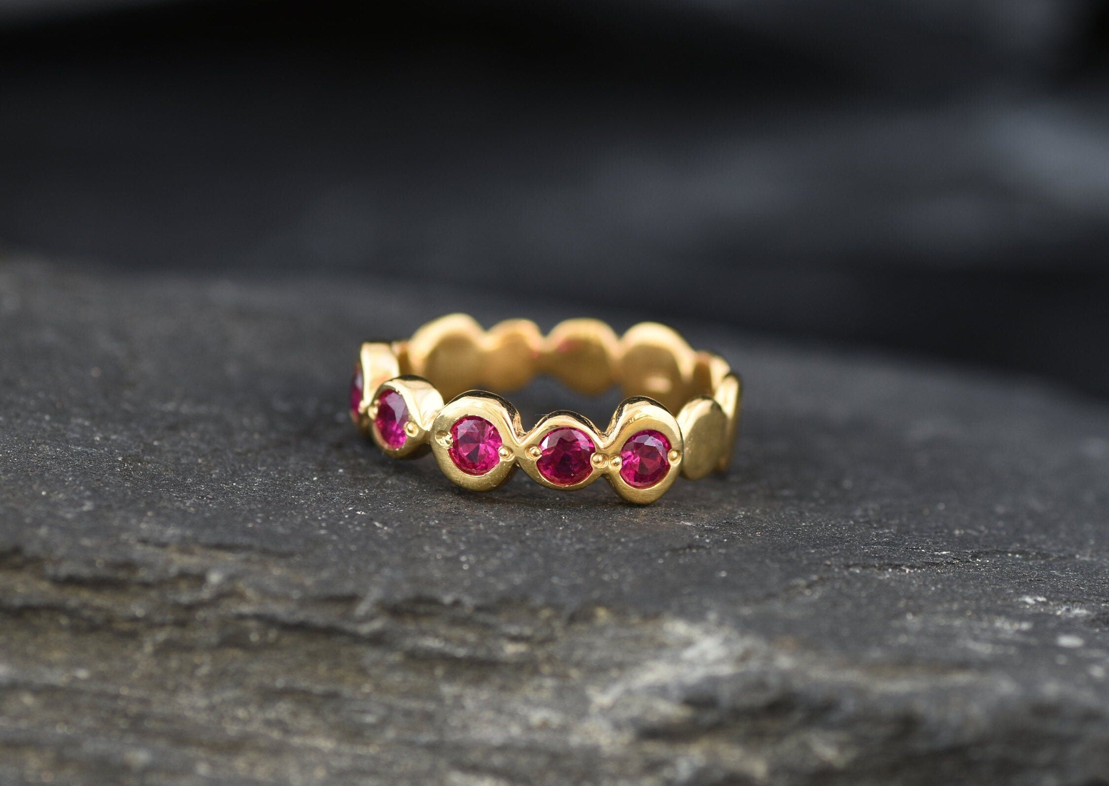 Gold Ruby Ring, Created Ruby, Gold Bubble Band, Ruby Vintage Ring, Red Boho Ring, Gold Plated Ring, Pink Ruby Ring, Bohemian Band, Vermeil