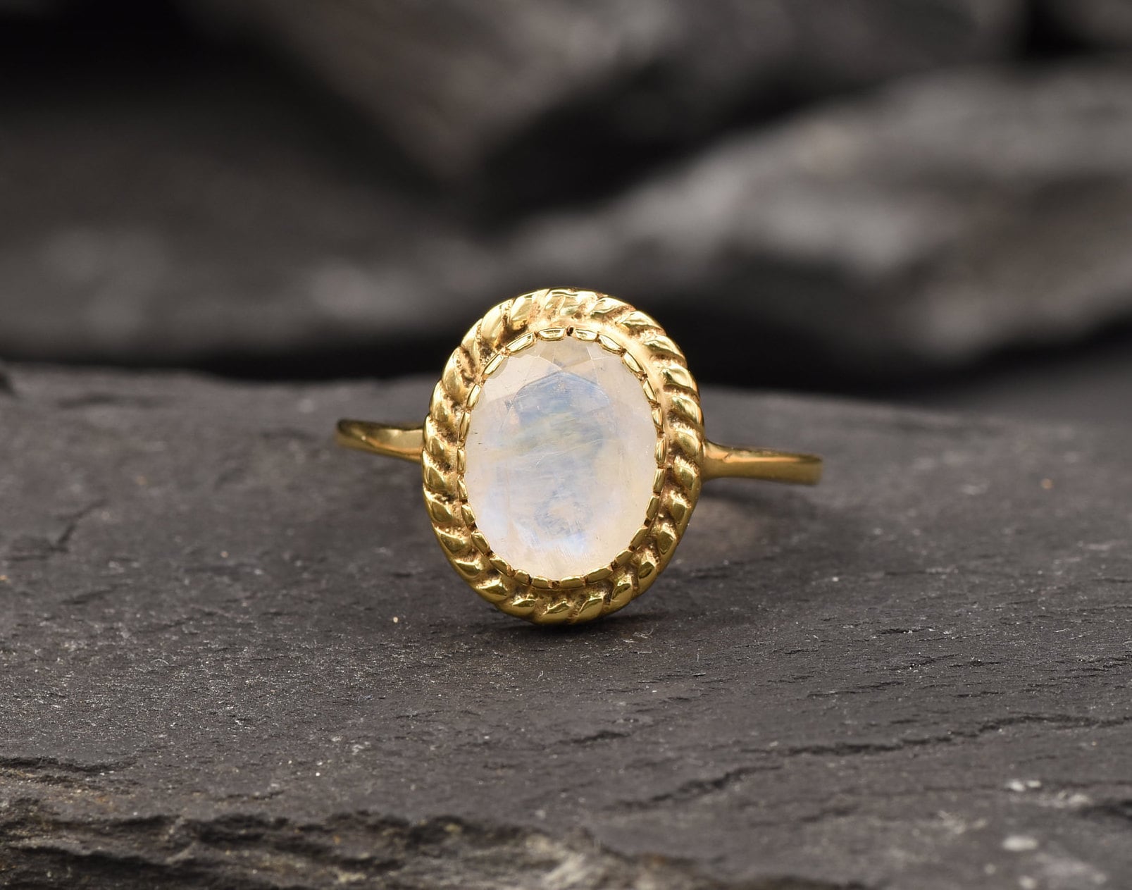 Gold Moonstone Ring, Natural Moonstone, June Birthstone, Gold Solitaire Ring, Promise Ring, Dainty Ring, Gold Plated Ring, Rainbow Moonstone
