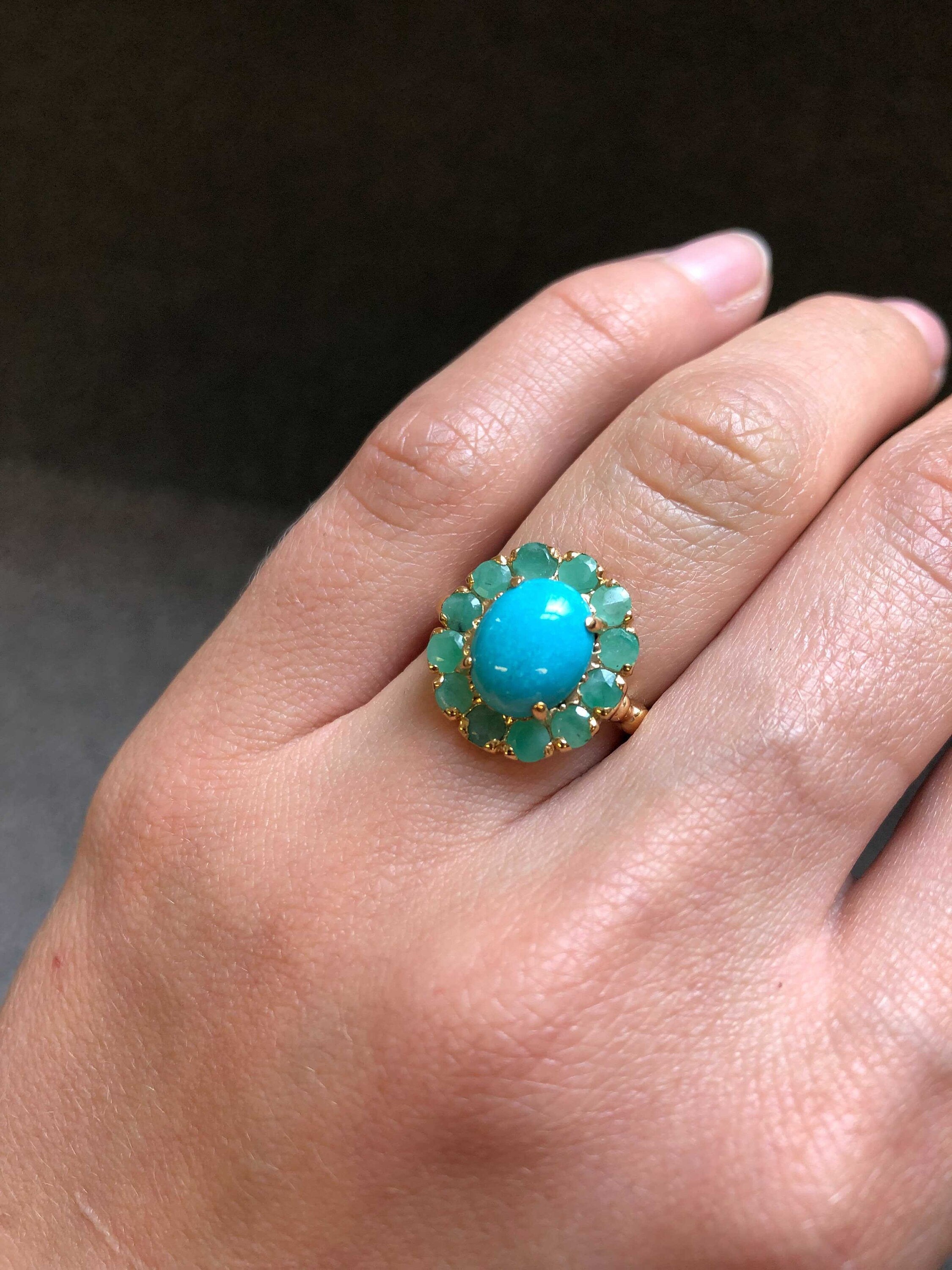 Gold Turquoise Ring, Victorian Ring, Natural Turquoise, Gold Flower Ring, Antique Ring, Turquoise Ring, 3 Carat Ring, Emerald Ring, Vermeil